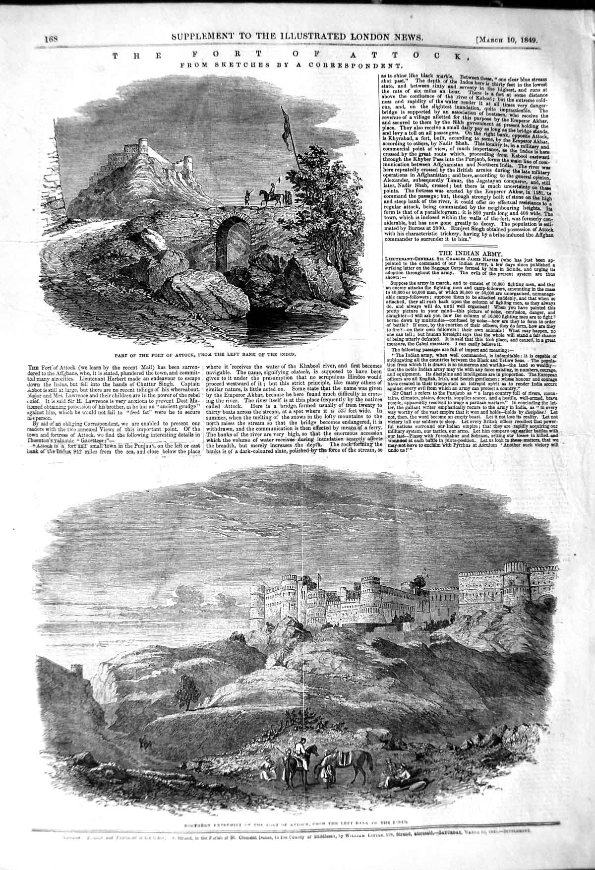Original Old Antique Print 1849 Fort Attock Indus River India Architecture War