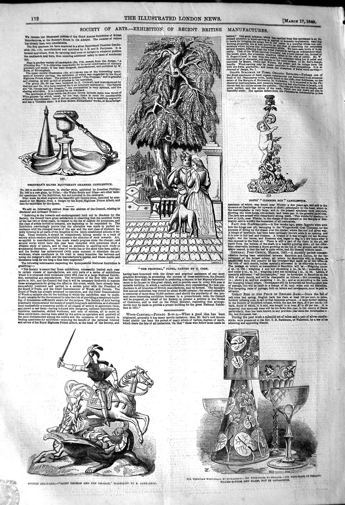 Old Antique Print 1849 Ferryman Silver Candlestick Bronze Inkstand Potts 19th