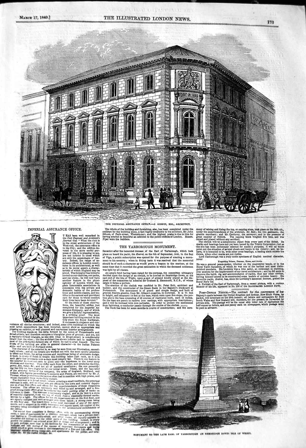 Old Antique Print 1849 Imperial Insurance Office Monument Yarborough Isle 19th