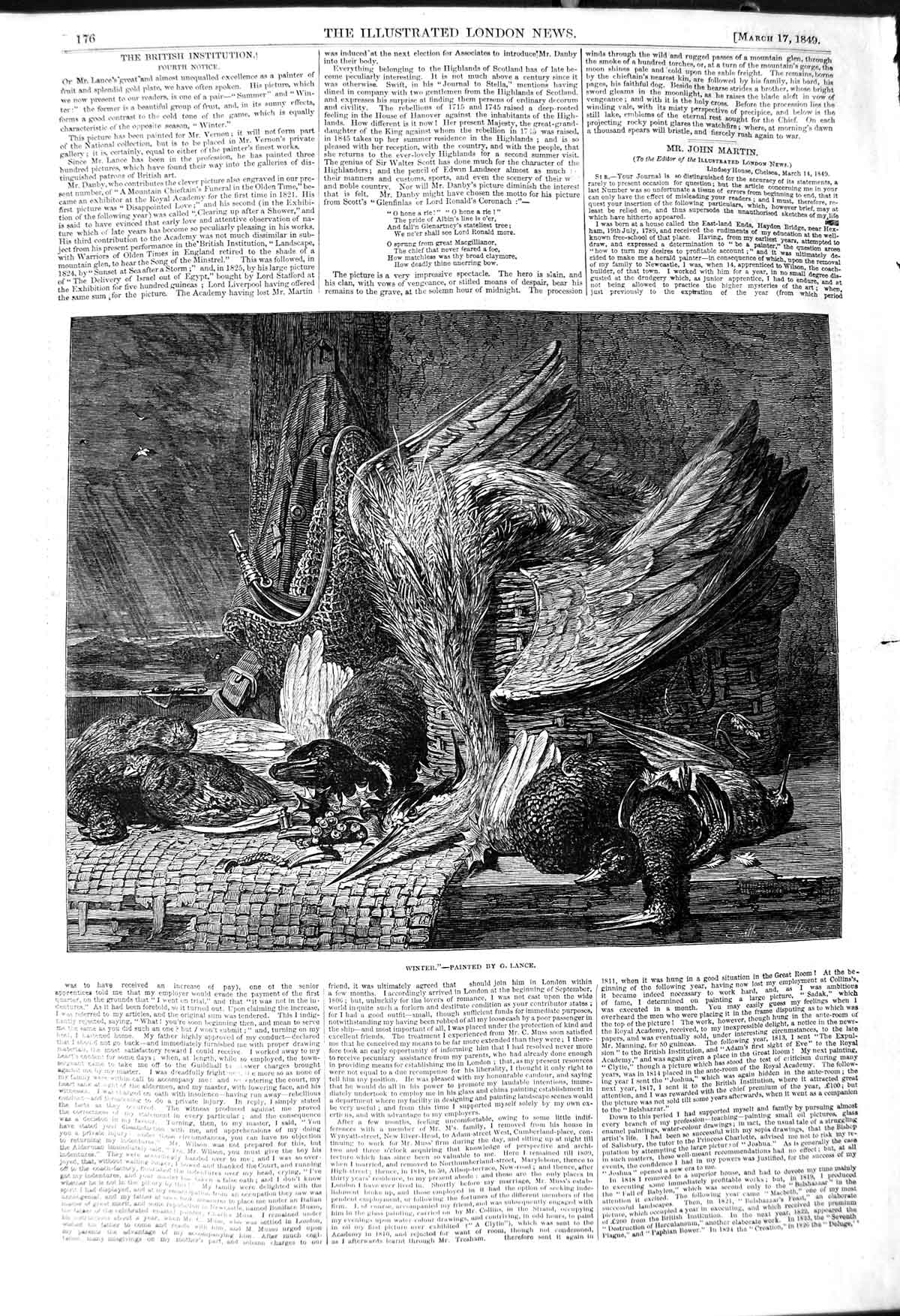 Original Old Antique Print 1849 Lance Fine Art Winter Dead Birds Table Basket