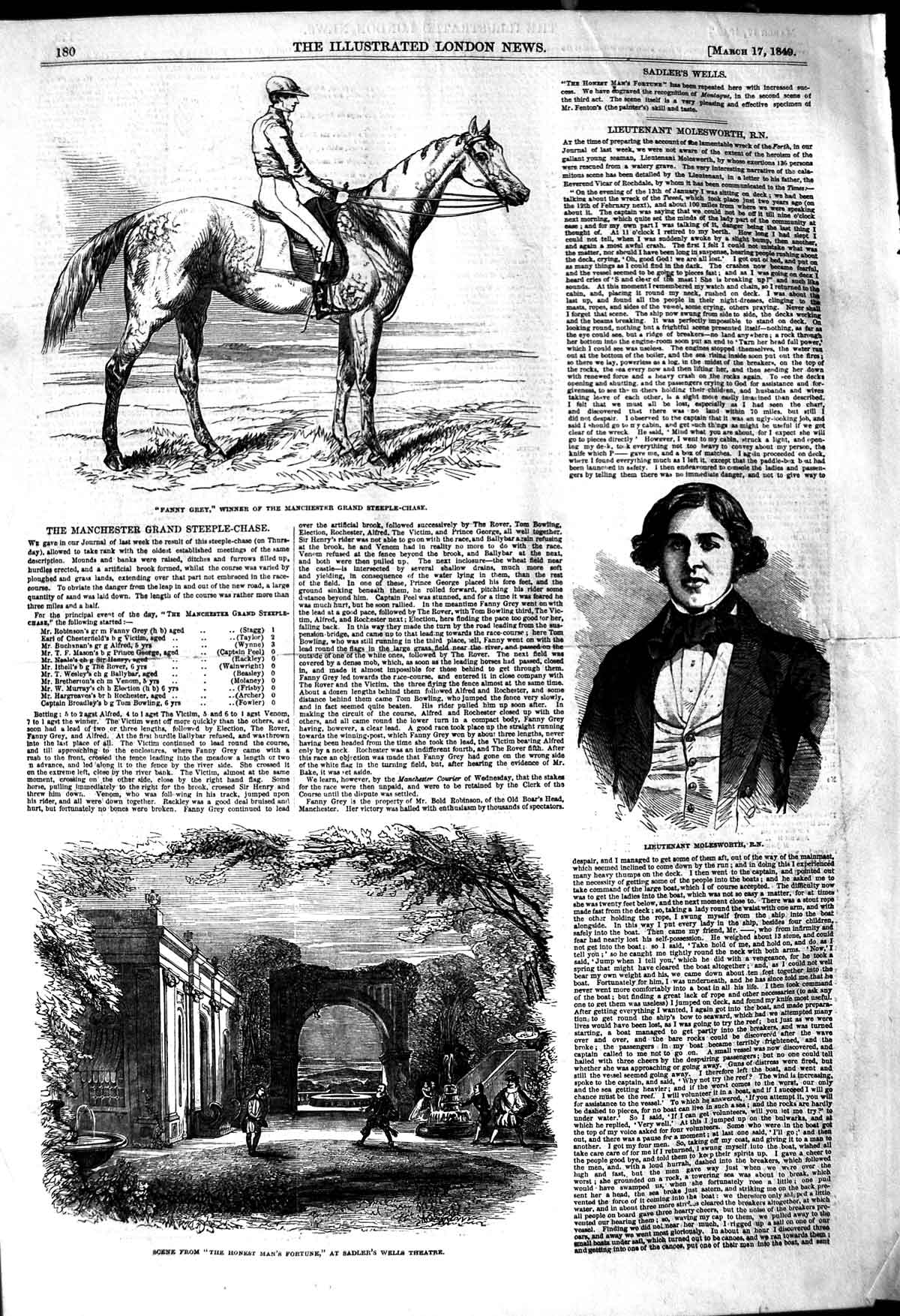 Original Old Antique Print 1849 Molesworth Sadler'S Theatre Fanny Grey Horse