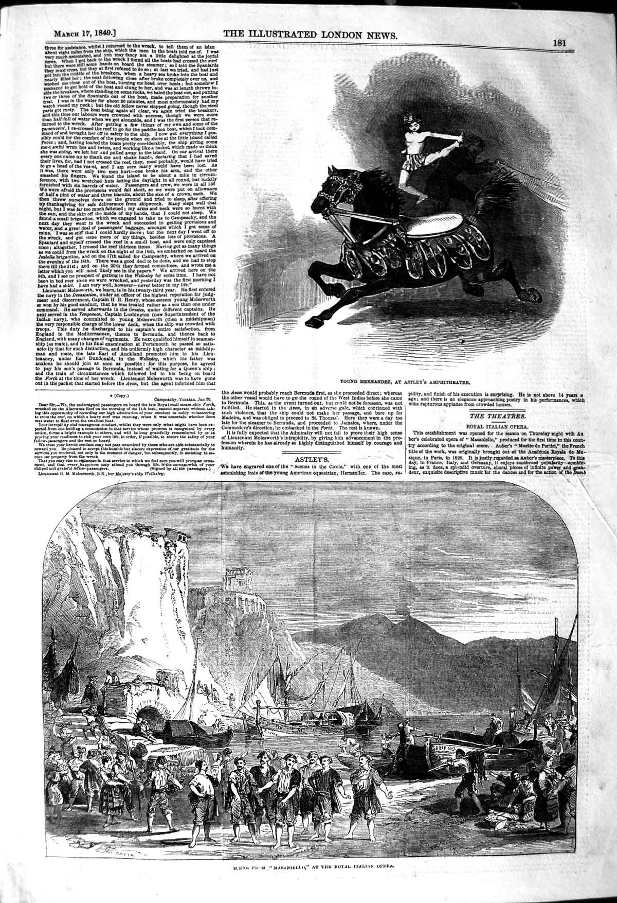 Old Antique Print 1849 Royal Italian Opera Hernandez Astley Amphitheatre 19th