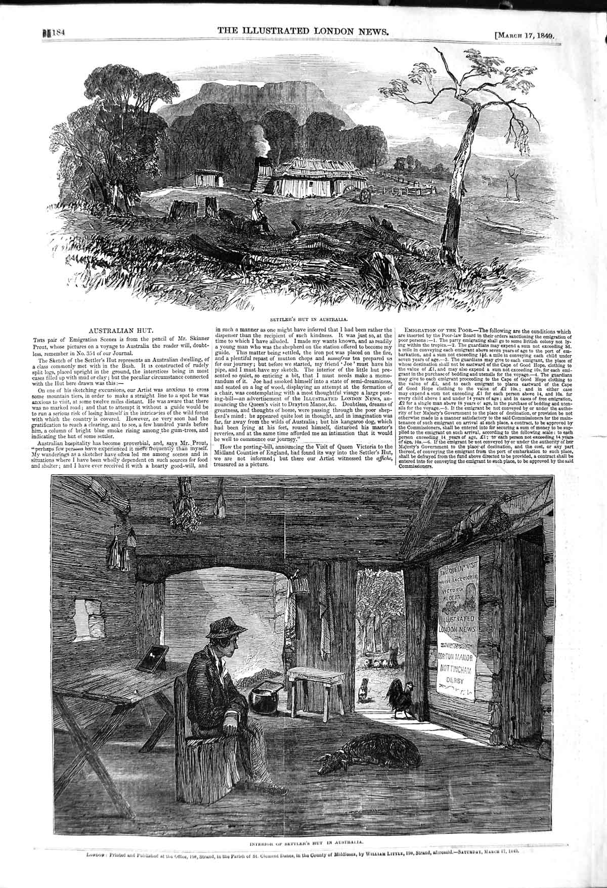 Original Old Antique Print 1849 Interior Emigrant Settler'S Hut Au Victorian