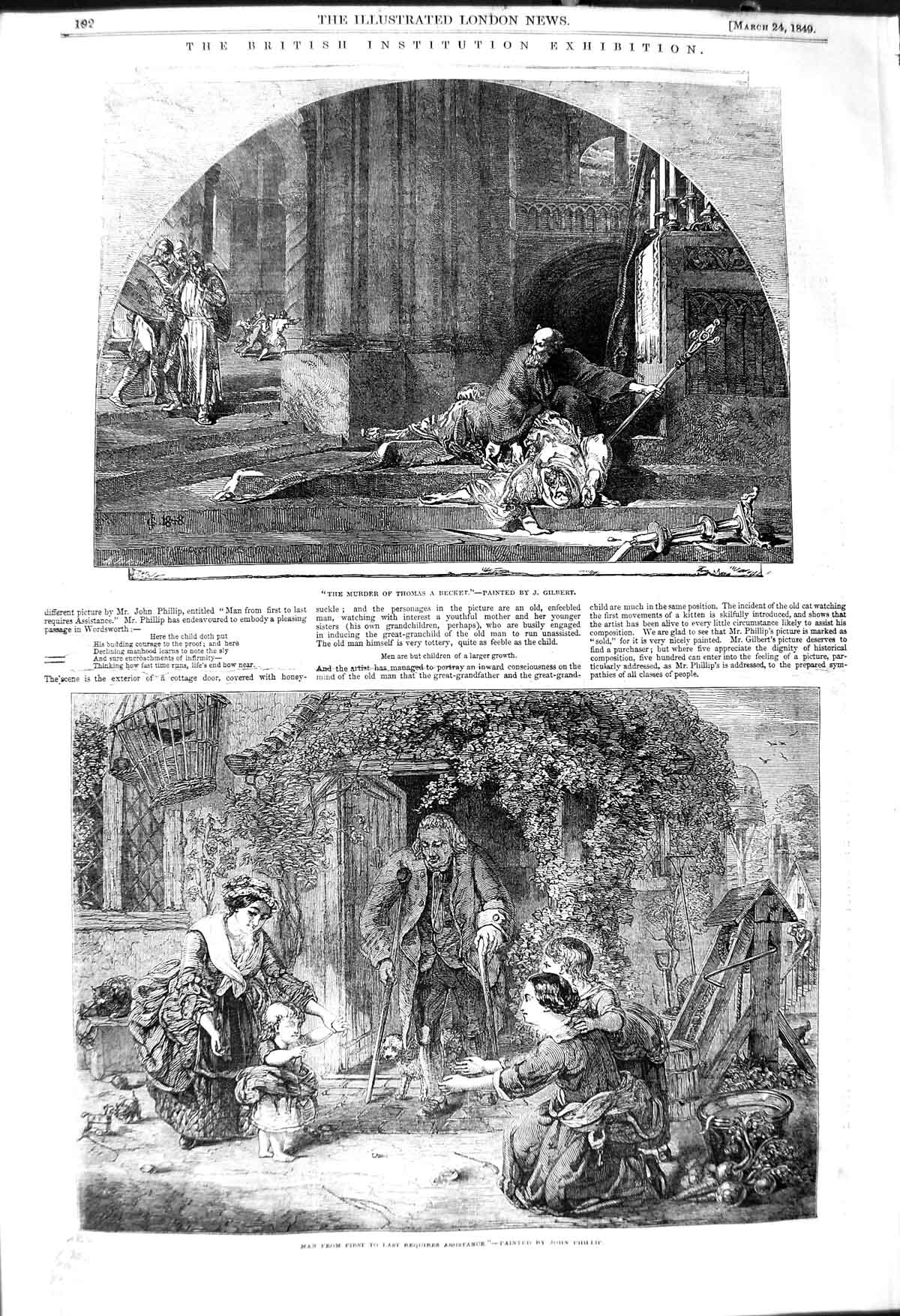 Original Old Antique Print 1849 Murder Thomas Becket Art Exhibition Phillip