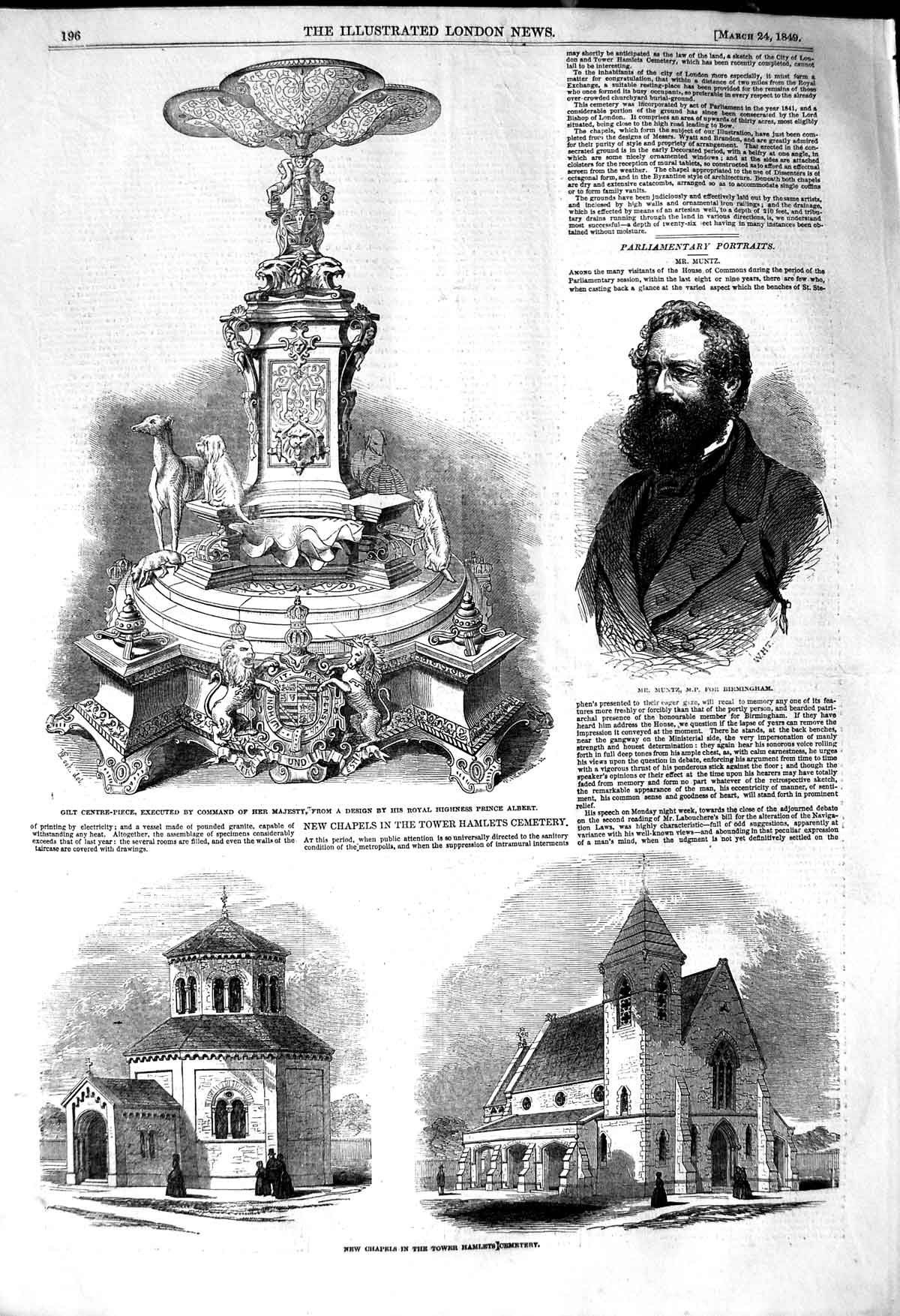 Original Old Antique Print 1849 Muntz Chapel Tower Hamlets Cemetery Gilt 19th