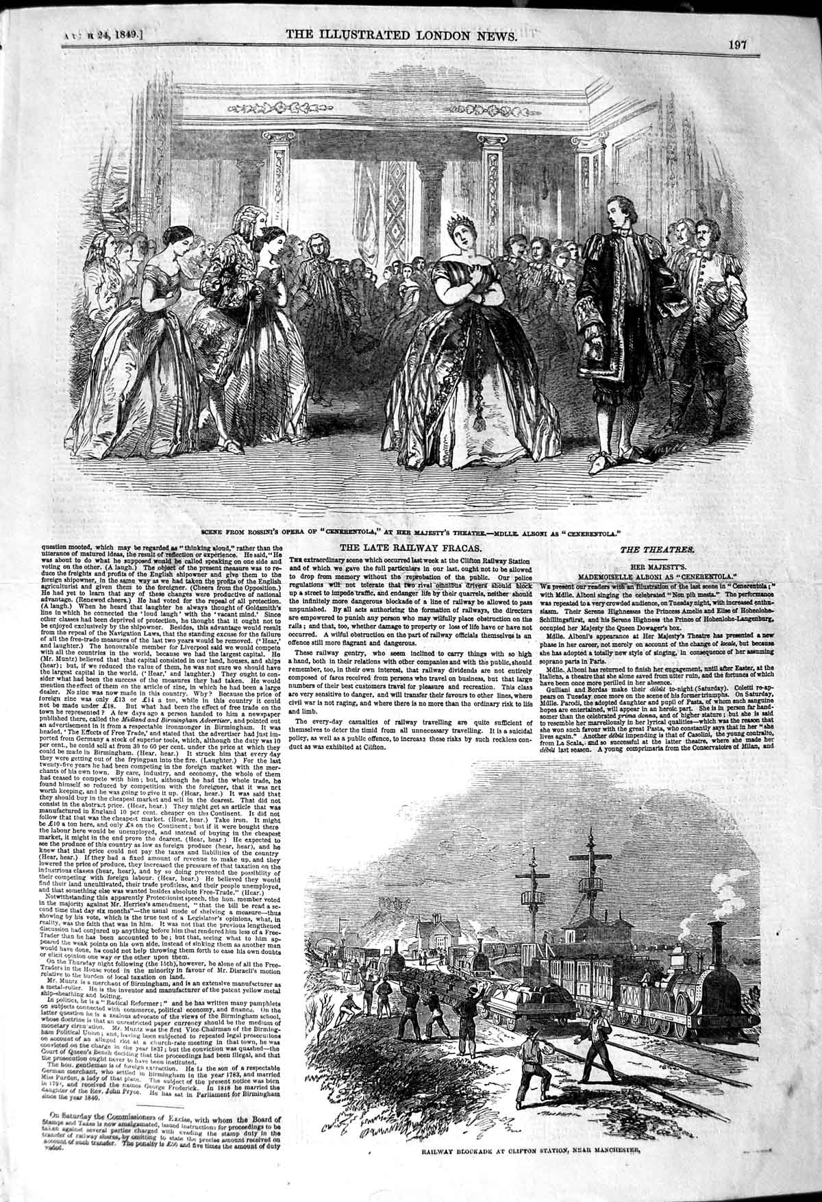 Original Old Antique Print 1849 Railway Blockade Clifton Station Opera Theatre