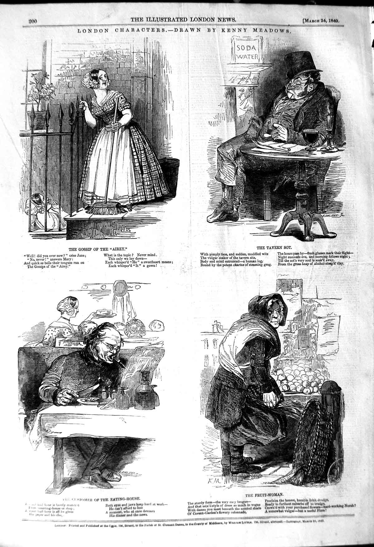 Original Old Antique Print 1849 London Characters Fruit Woman Tavern Sot People