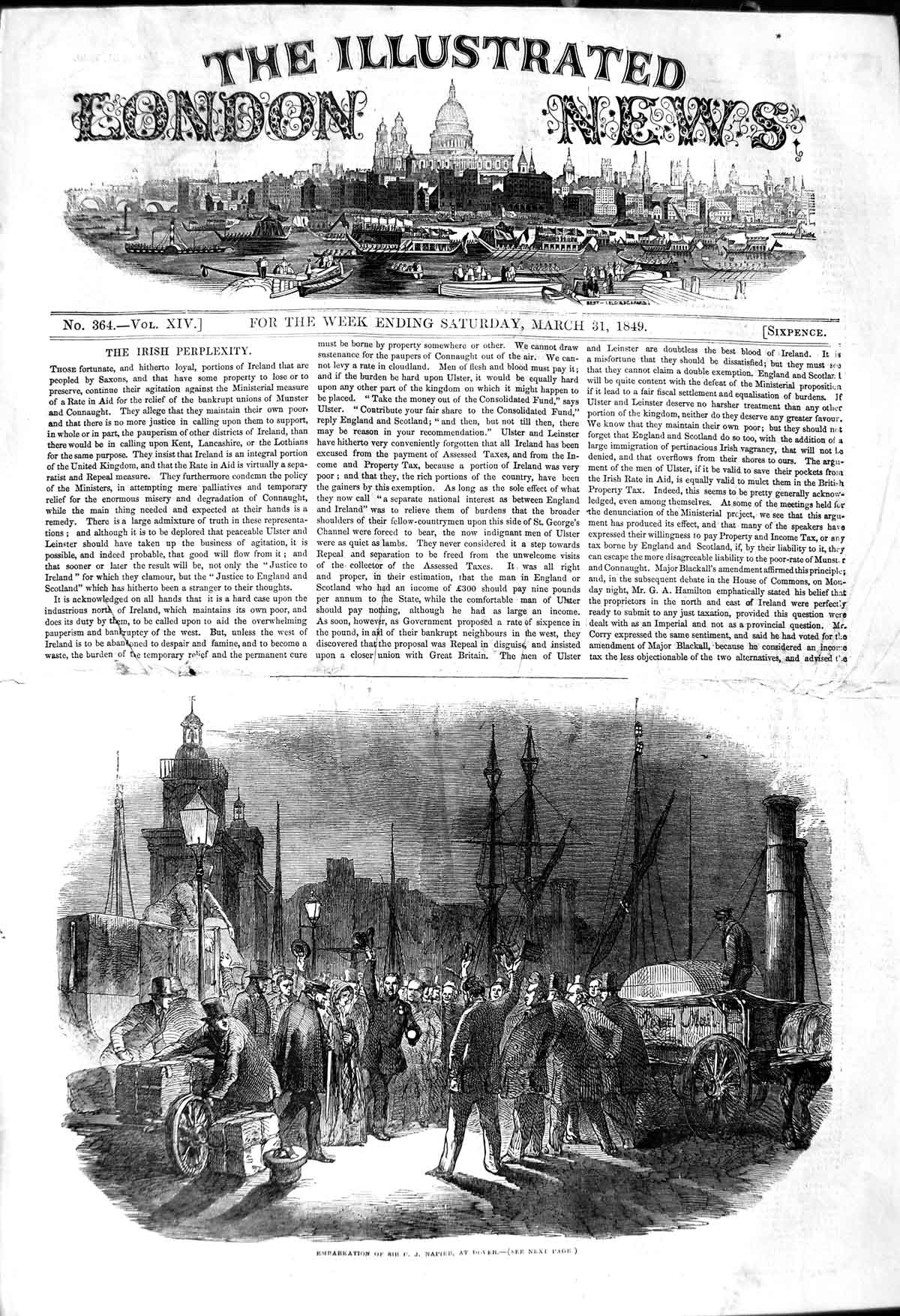 Original Old Antique Print 1849 Embarkation Sir. Napier Dover Ships Fine Art