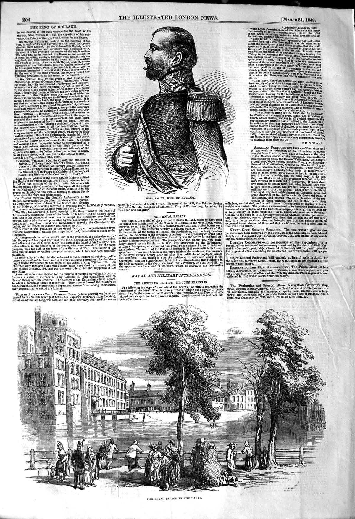 Original Old Antique Print 1849 William King Holland Royal Palace Hague River