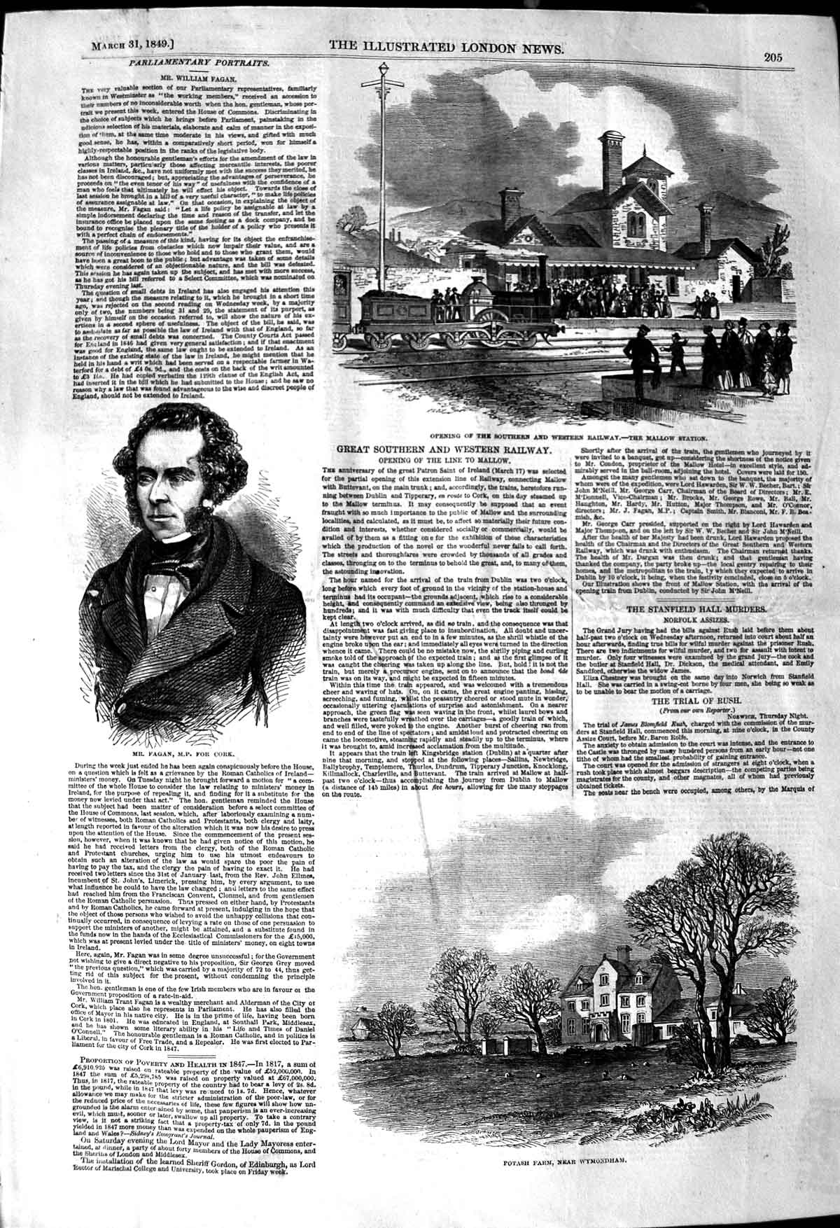 Original Old Antique Print 1849 Fagan Cork Railway Mallow Station Potash Farm