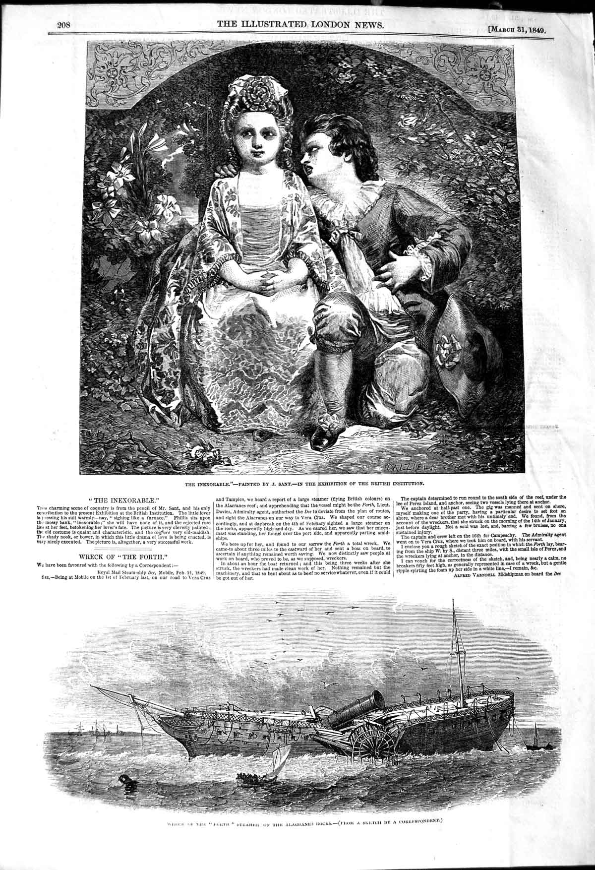 Original Old Antique Print 1849 Ship Wreck Forth Steamer Alacranes Romance Art
