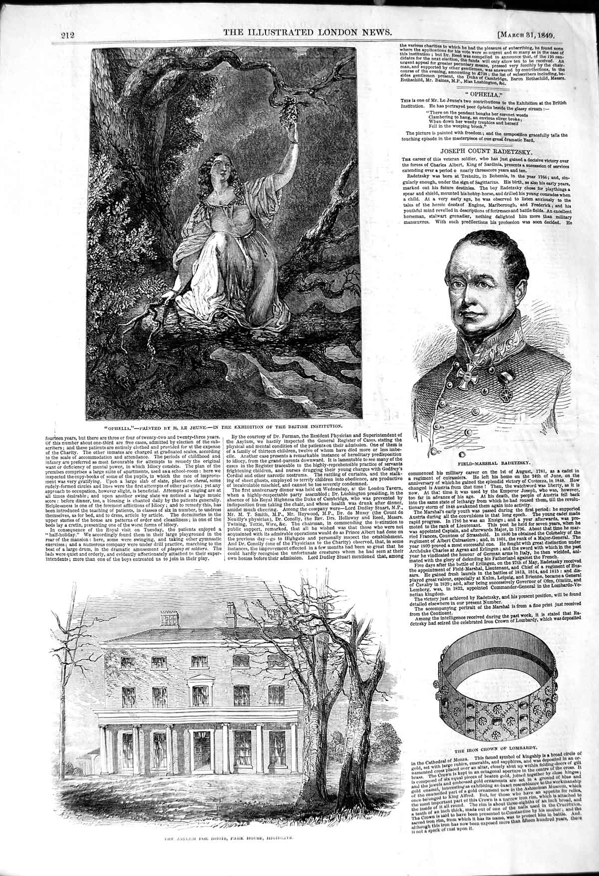 Old Antique Print 1849 Asylum Idiots Highgate Iron Crown Lombardy Ophelia 19th