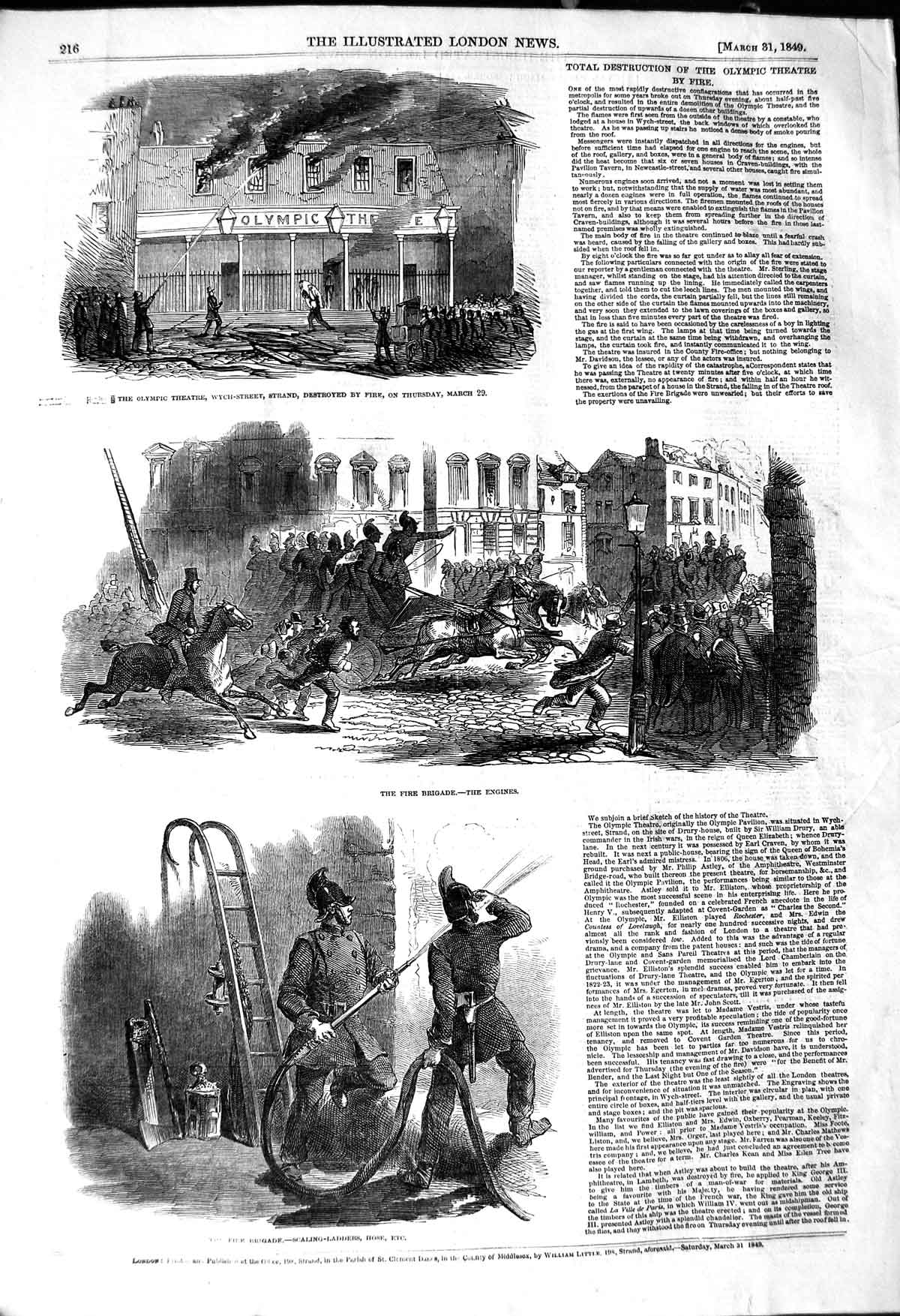 Original Old Antique Print 1849 Olympic Theatre Fire Brigade Engines Fire-Men