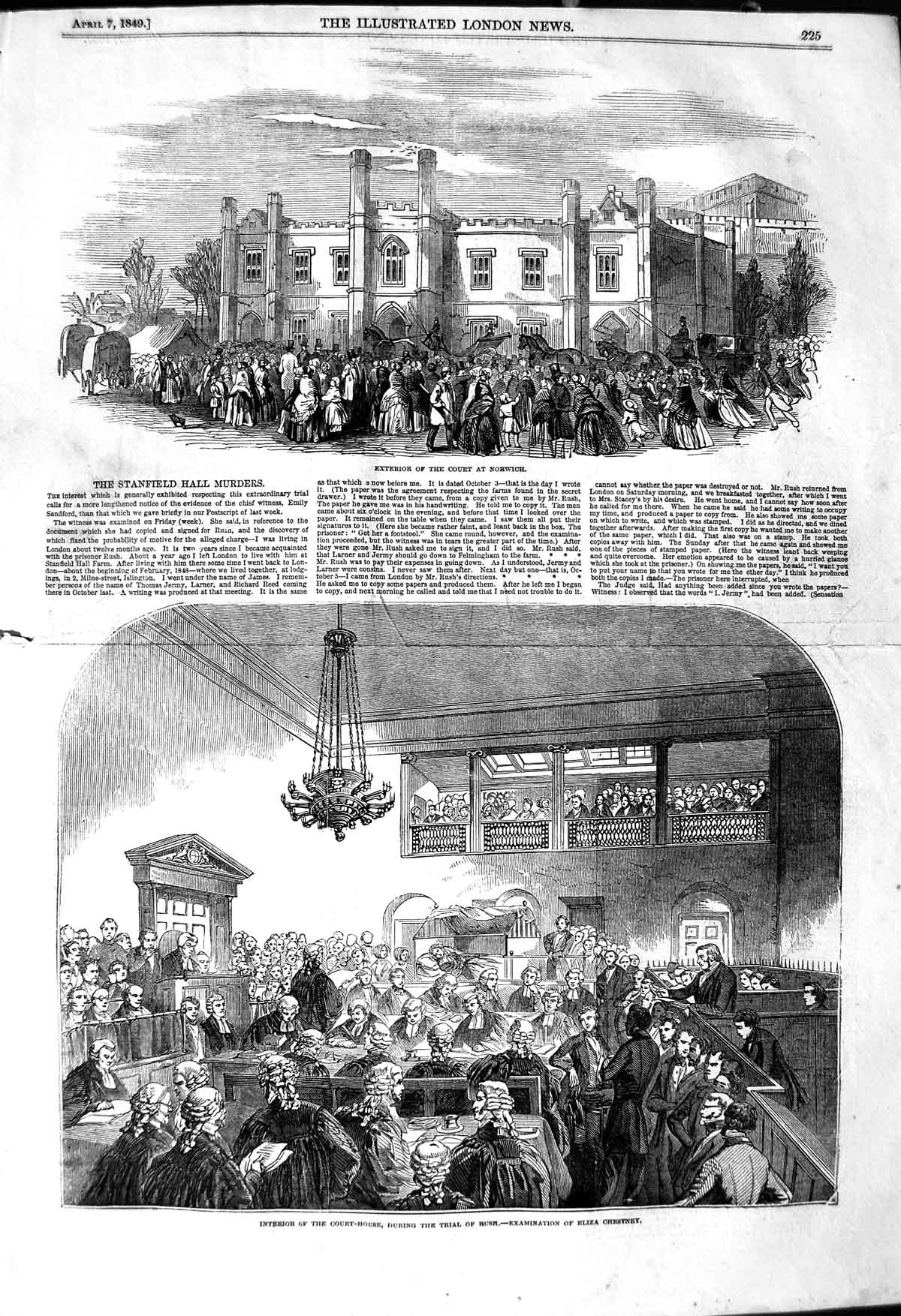 Original Old Antique Print 1849 Court House Rush Eliza Chestney Norwich St 19th