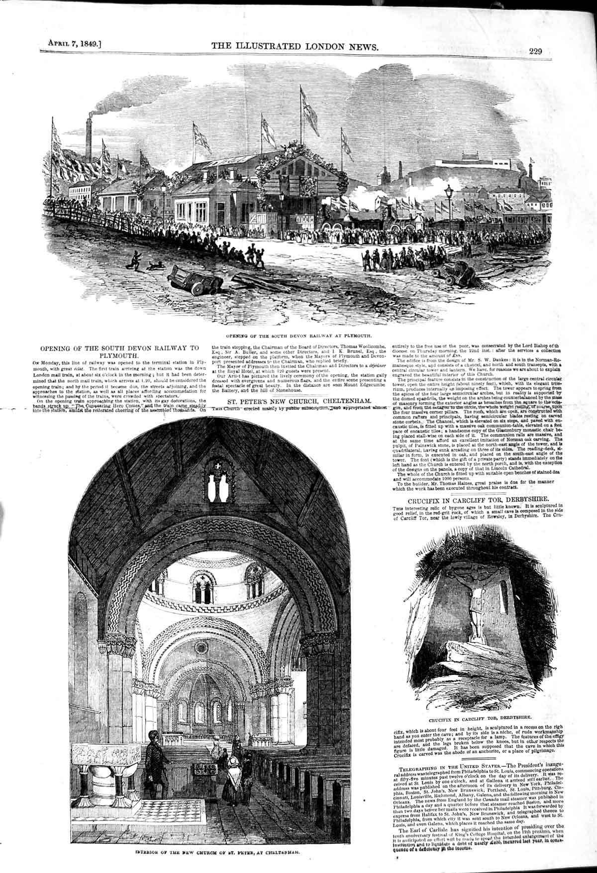 Original Old Antique Print 1849 Church Peter Cheltenham Crucifix Devon Railway