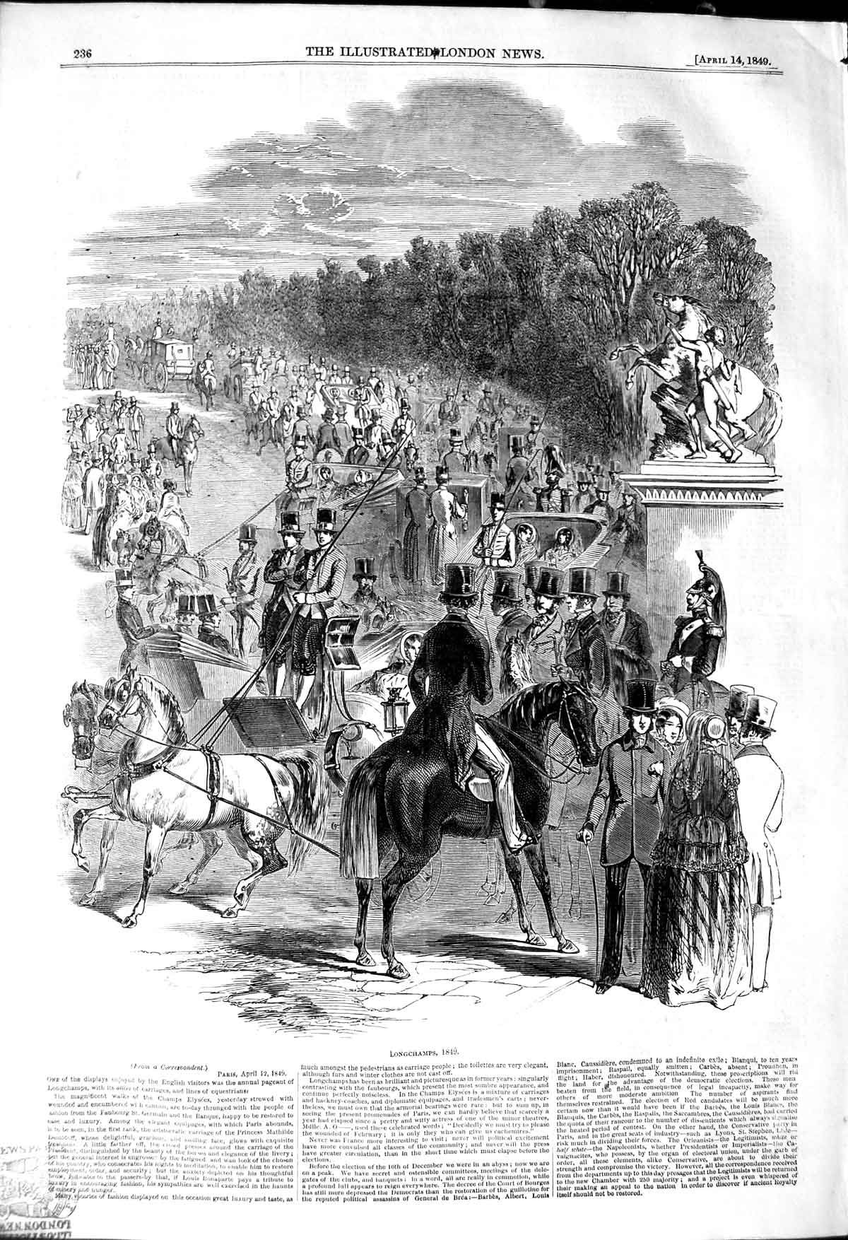 Original Old Antique Print 1849 View Longchamps Horses Carriages People 19th