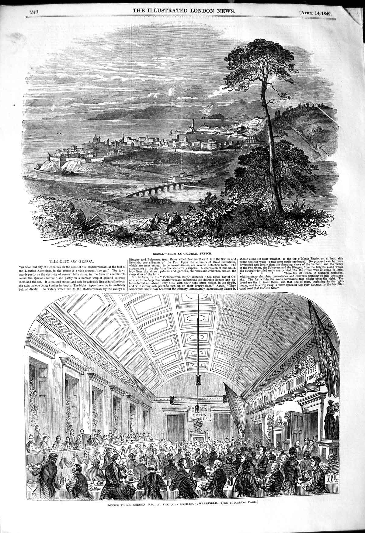 Old Antique Print 1849 View Genoa Dinner Cobden Corn Exchange Wakefield 19th