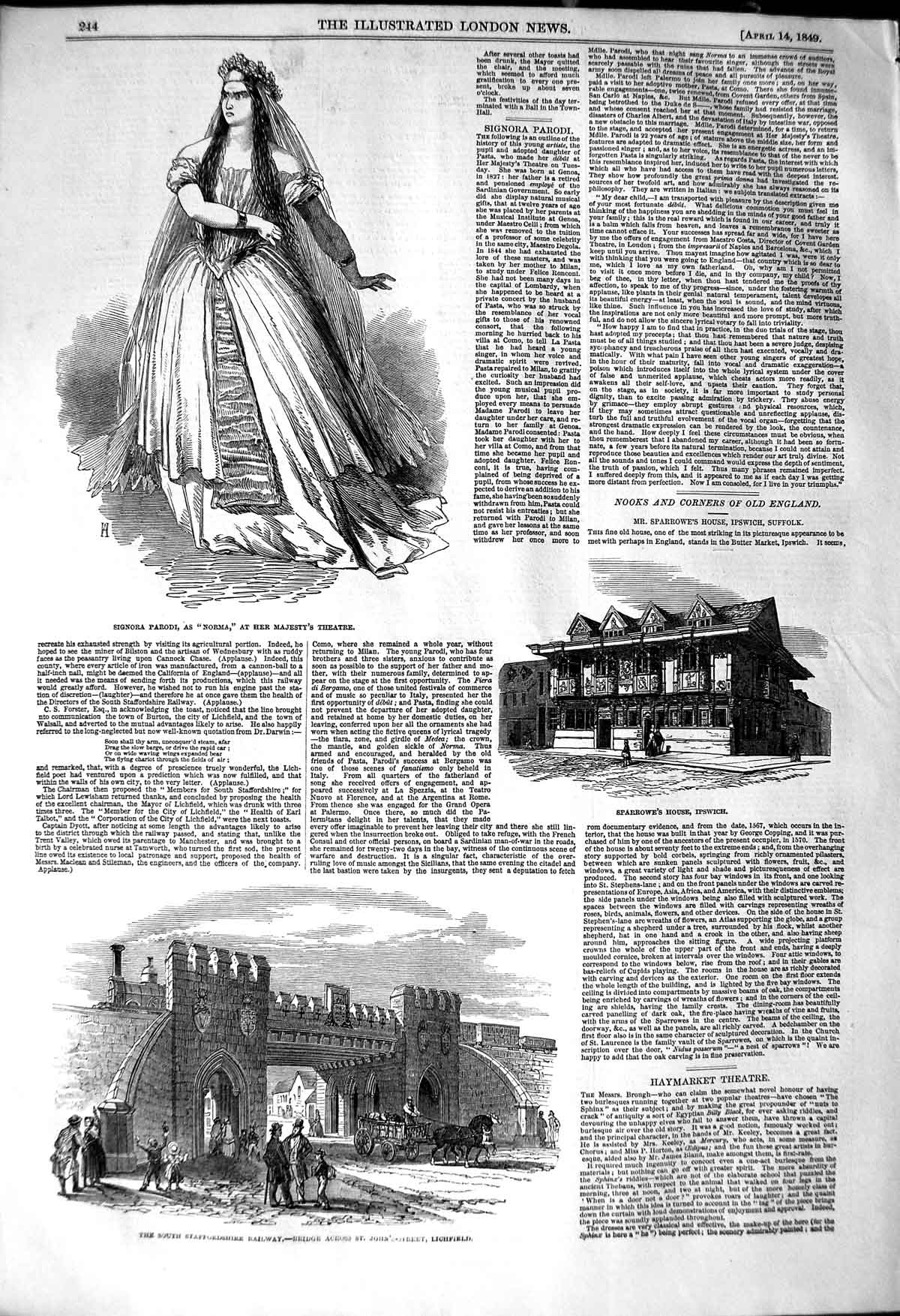 Old Antique Print 1849 Railway Lichfield Sparrow Ipswich Parodi Theatre 19th