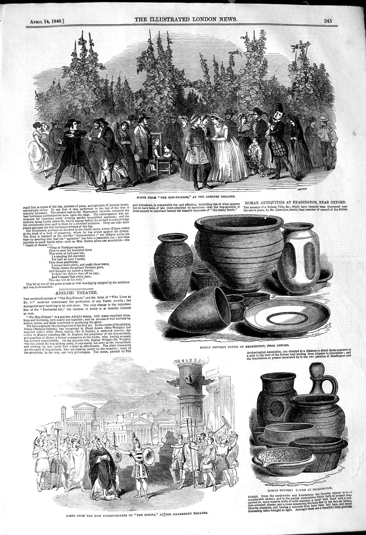 Original Old Antique Print 1849 Hop-Pickers Adelphi Theatre Roman Pottery 19th
