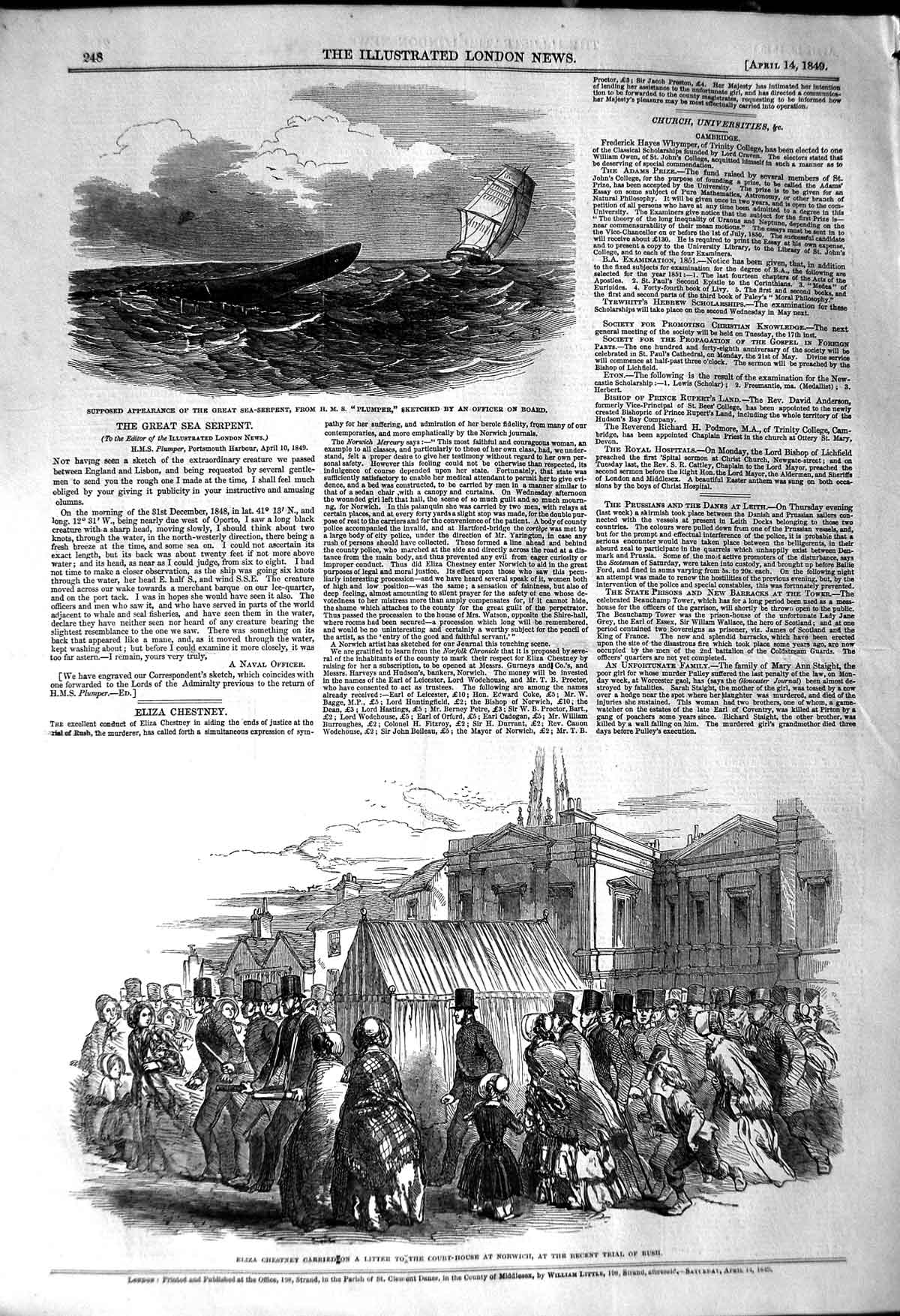 Original Old Antique Print 1849 Eliza Chestney Court-House Norwich Sea- 19th