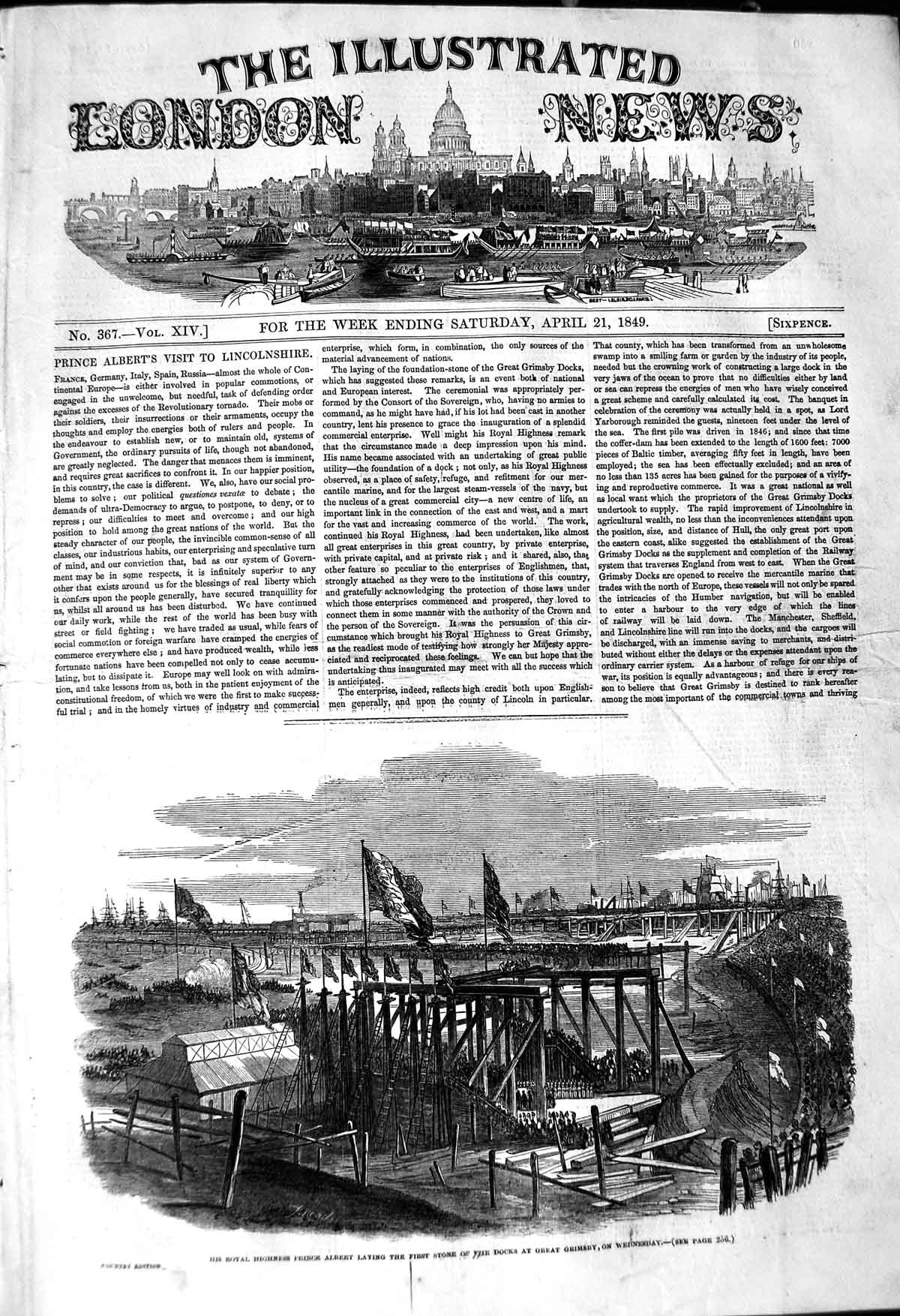 Original Old Antique Print 1849 Prince Albert Stone Docks Great Grimsby Flags