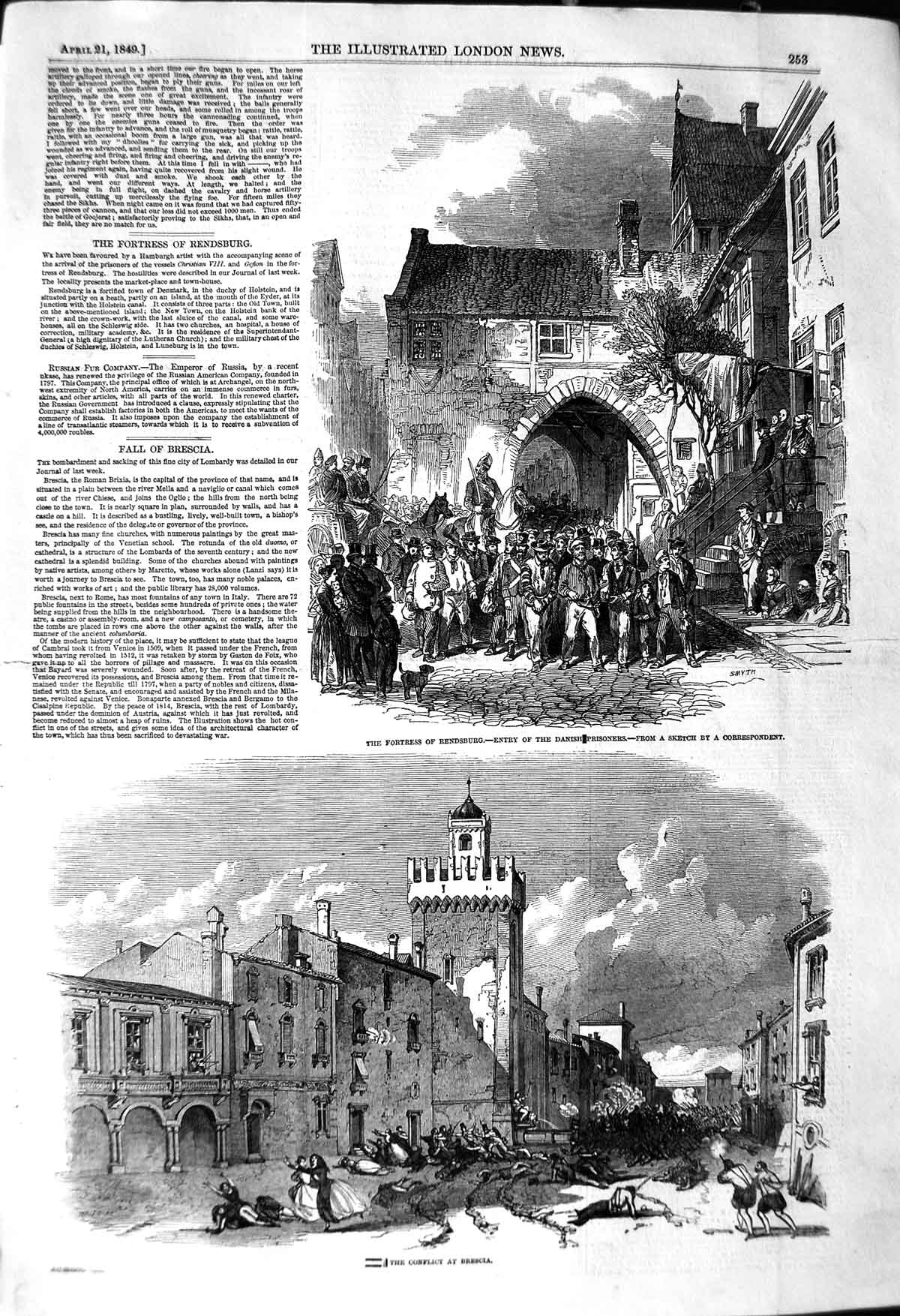 Original Old Antique Print 1849 Fortress Rendsburg Danish Prisoners War Brescia