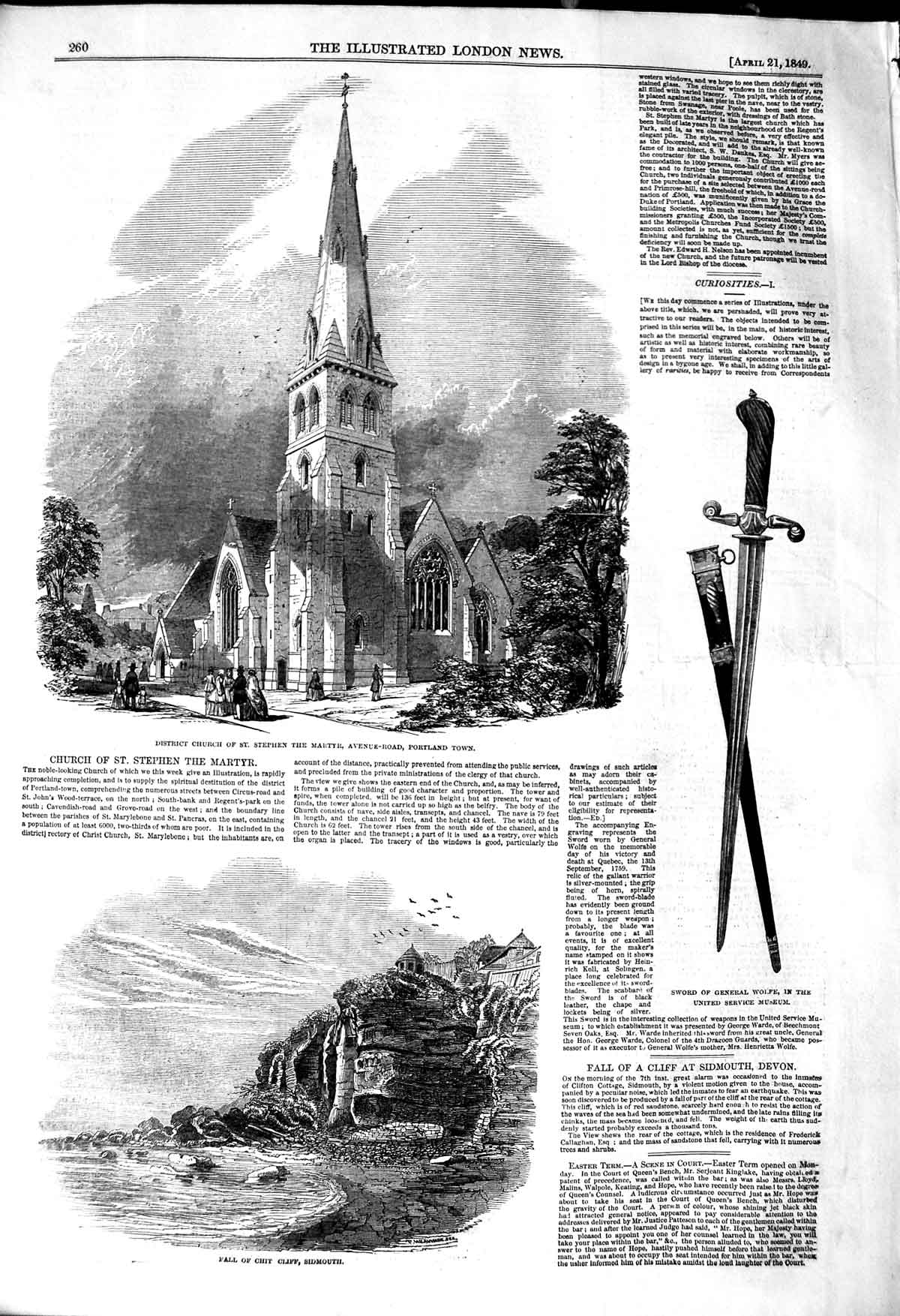 Old Antique Print 1849 Church Stephen Martyr Portland Fall Chit Sidmouth 19th