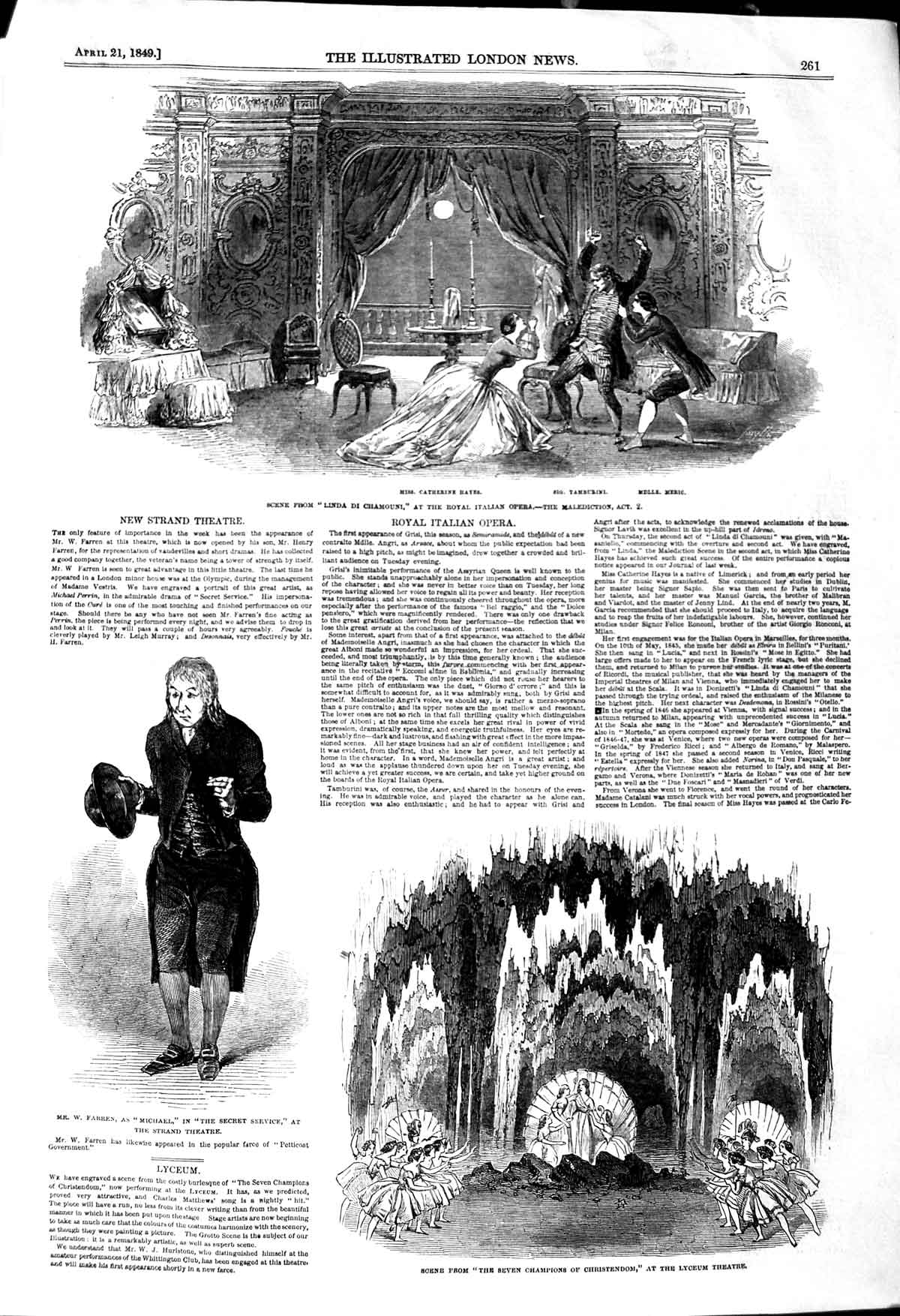 Old Antique Print 1849 Royal Italian Opera Farren Strand Theatre Lyceum 19th