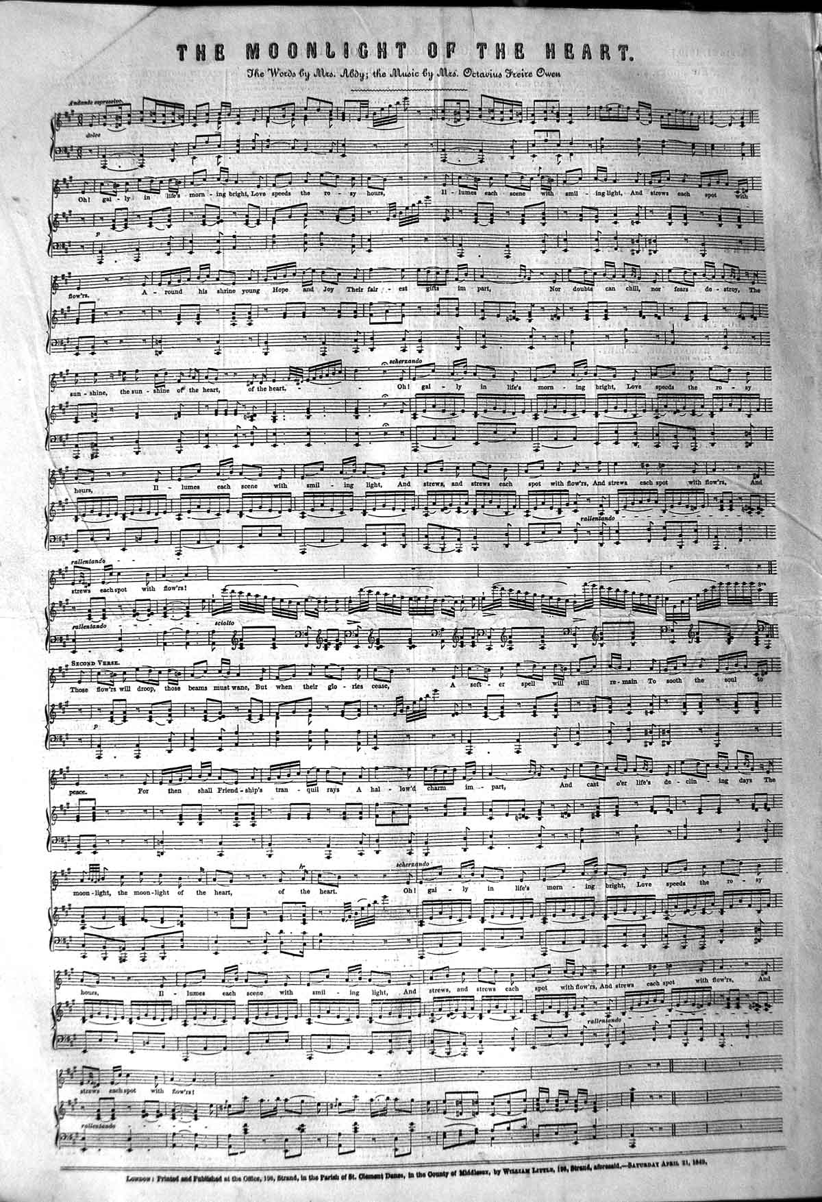 Original Old Antique Print 1849 Moonlight Heart Sheet Music Abdy Owen Victorian