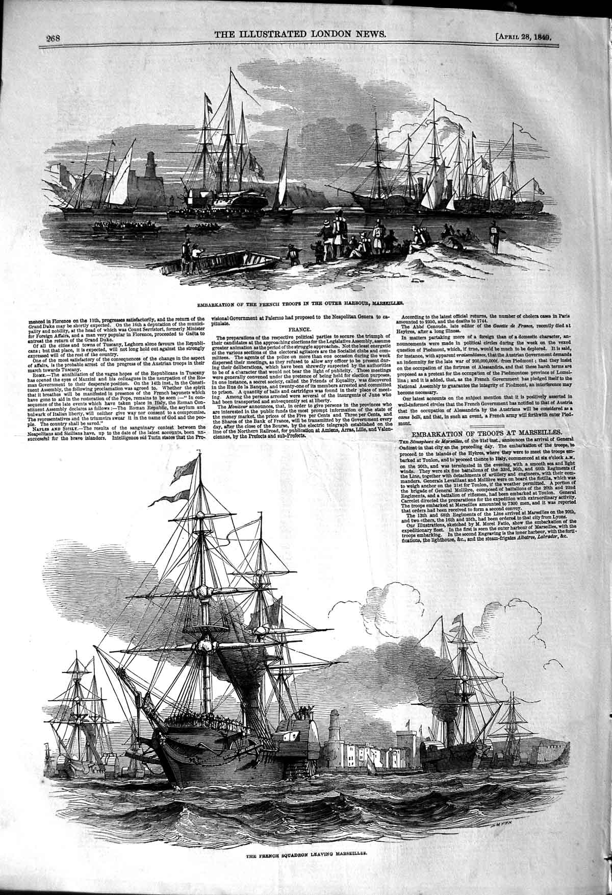 Original Old Antique Print 1849 French Troops Siers Ship Harbour Marseilles War