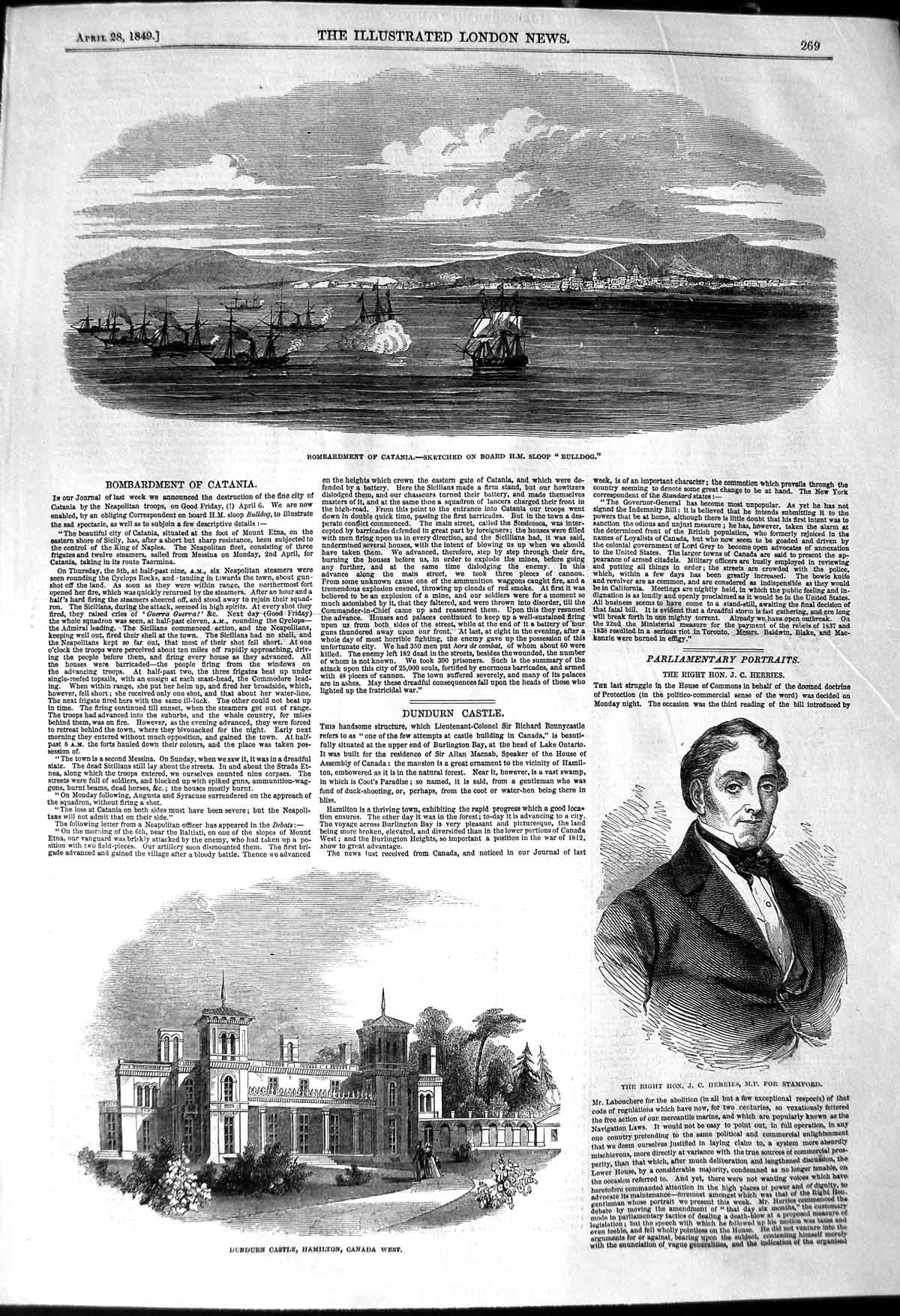 Original Old Antique Print 1849 War Ship Bulldog Catania Dundurn Castle 19th