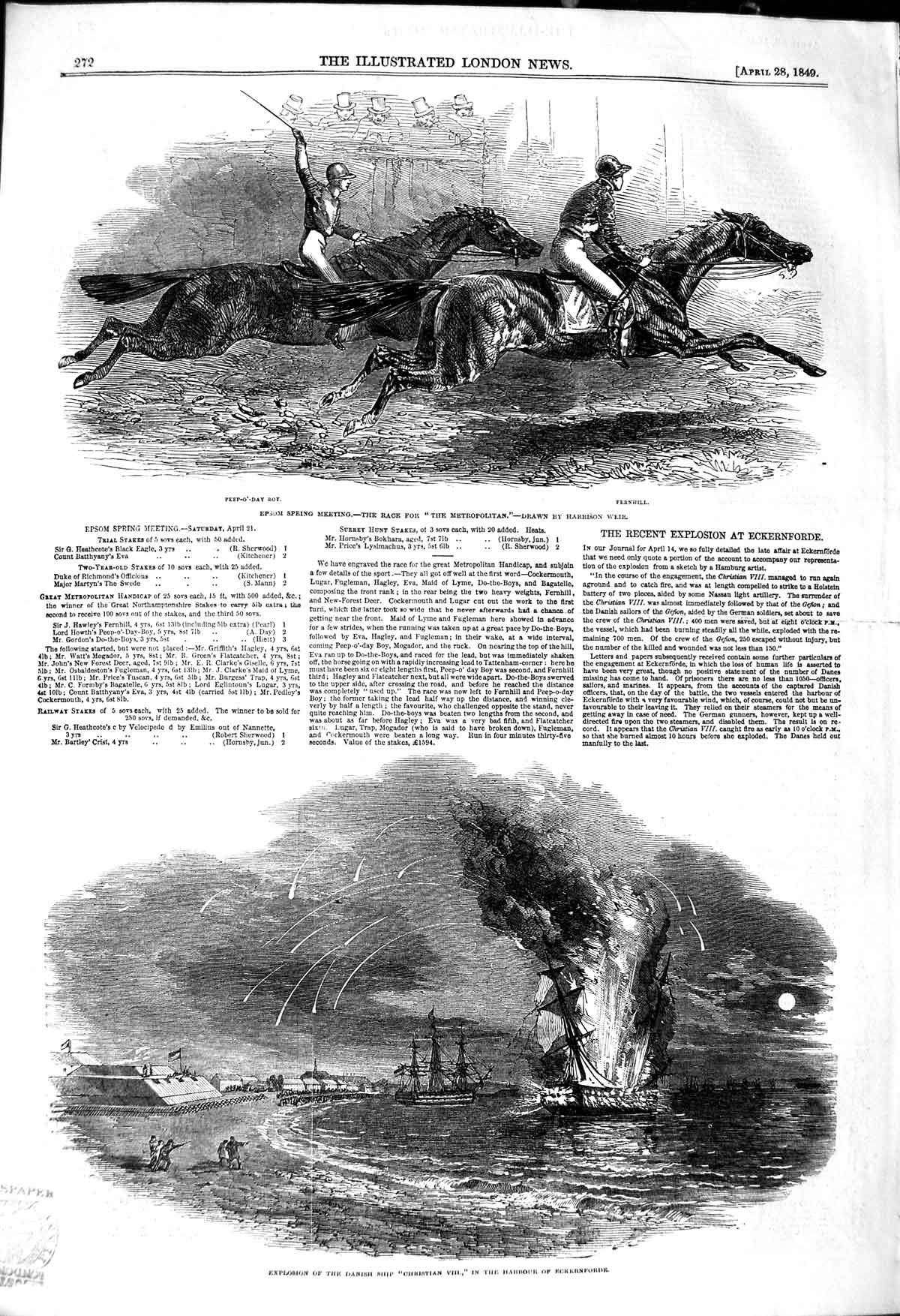 Original Old Antique Print 1849 Epsom Horse Racing Metropolitan Christian Ship