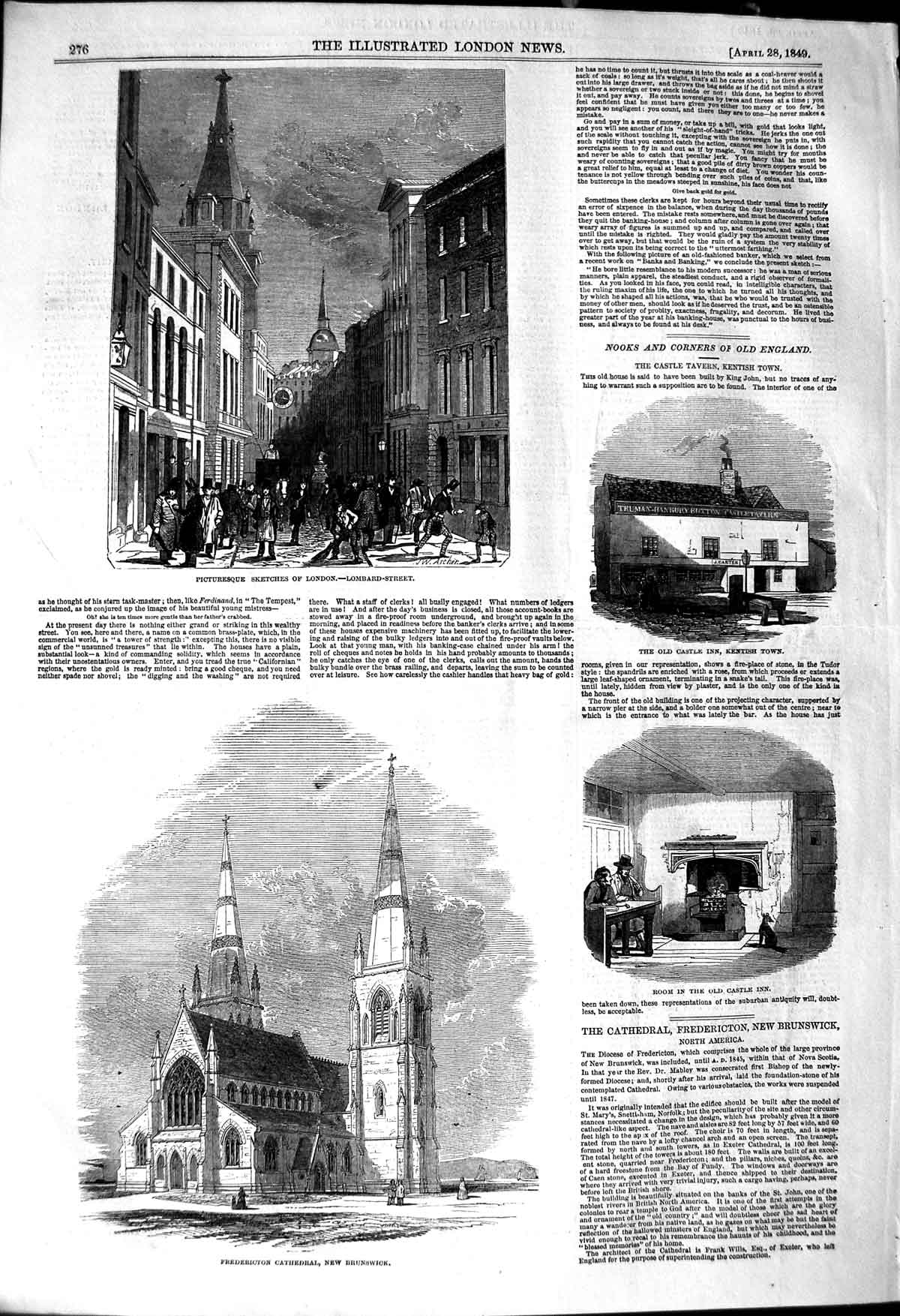 Original Old Antique Print 1849 Lombard London Fredericton Cathedral Cas 19th