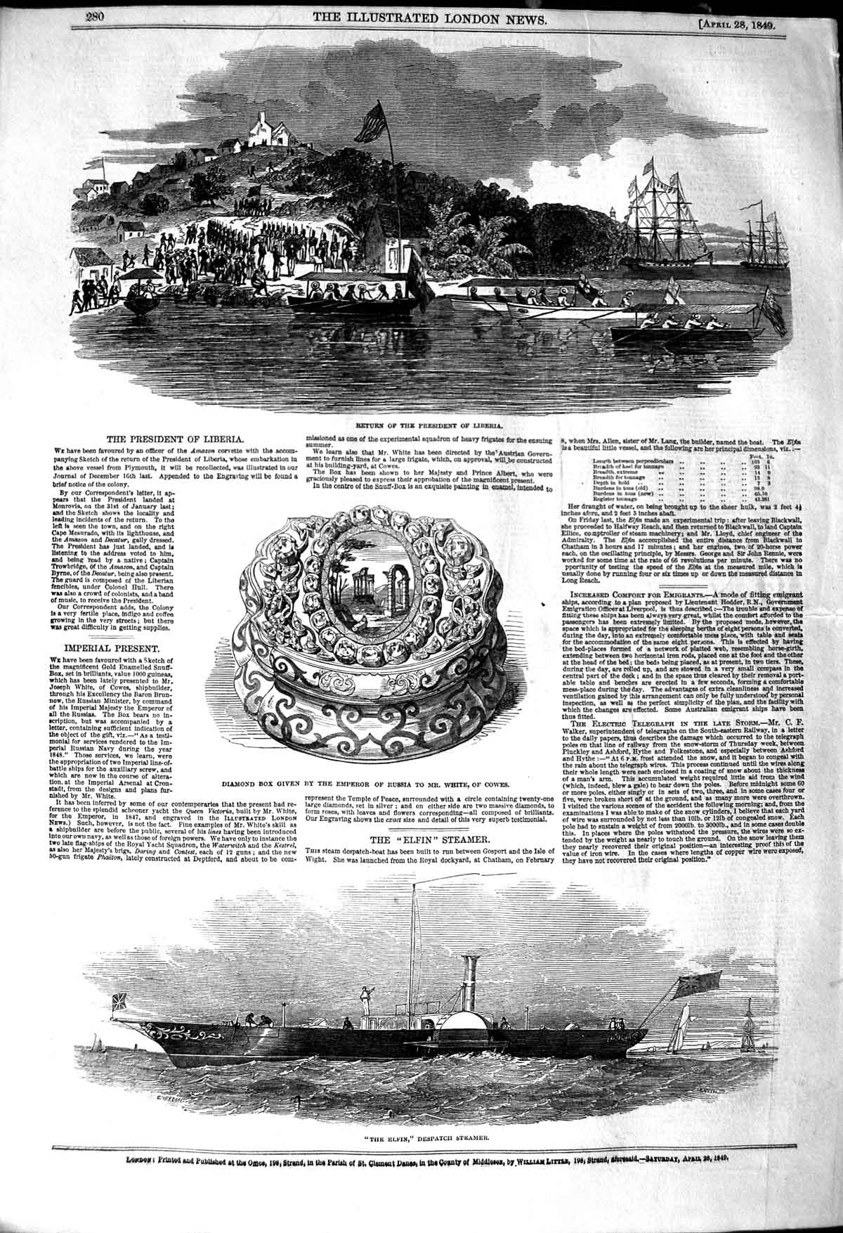 Old Antique Print 1849 President Liberia Diamond Box Emperor Russia Elfin 19th