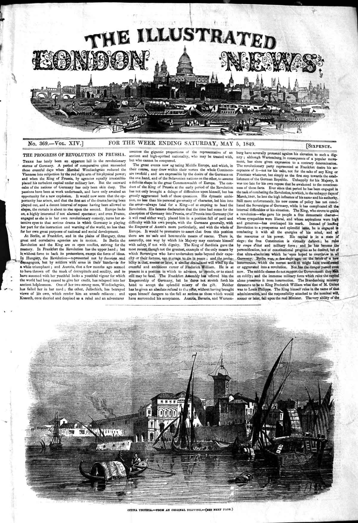 Original Old Antique Print 1849 Civita Vecchia Boats Buildings 19th