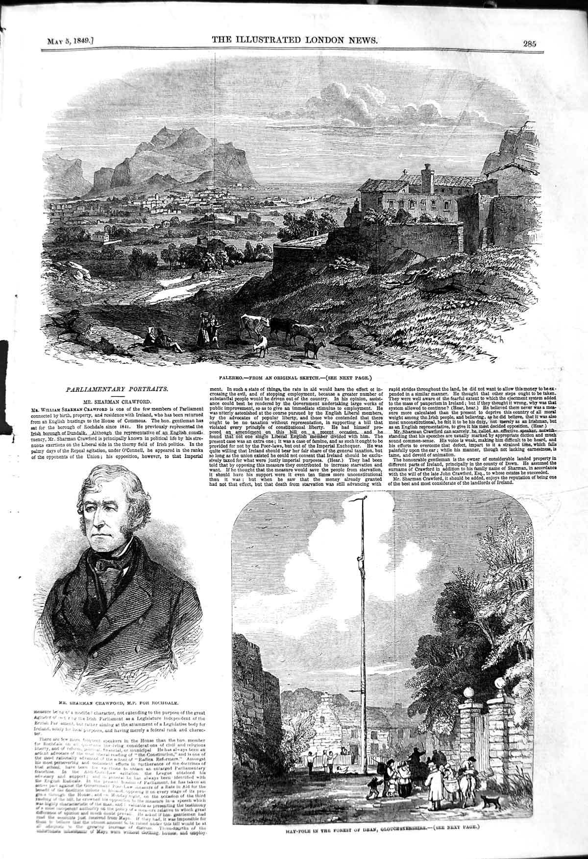 Original Old Antique Print 1849 Palermo Sharman Crawford May-Pole Fore Victorian