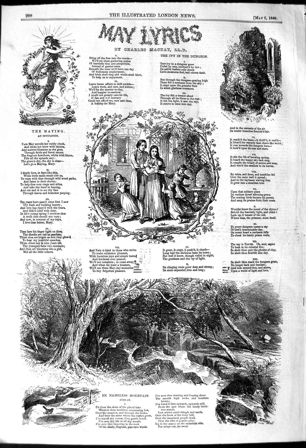 Original Old Antique Print 1849 May Lyrics Poems Nameless Mountain Garden Gate