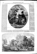 Original Old Antique Print 1849 Sunshine Holiday Fountain Making Nets Man Lady