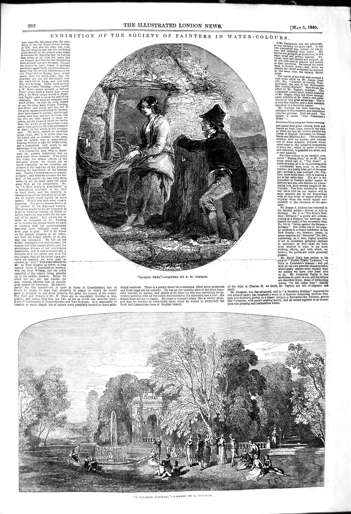 Original Old Antique Print 1849 Sunshine Holiday Fountain Making Nets Man Lady