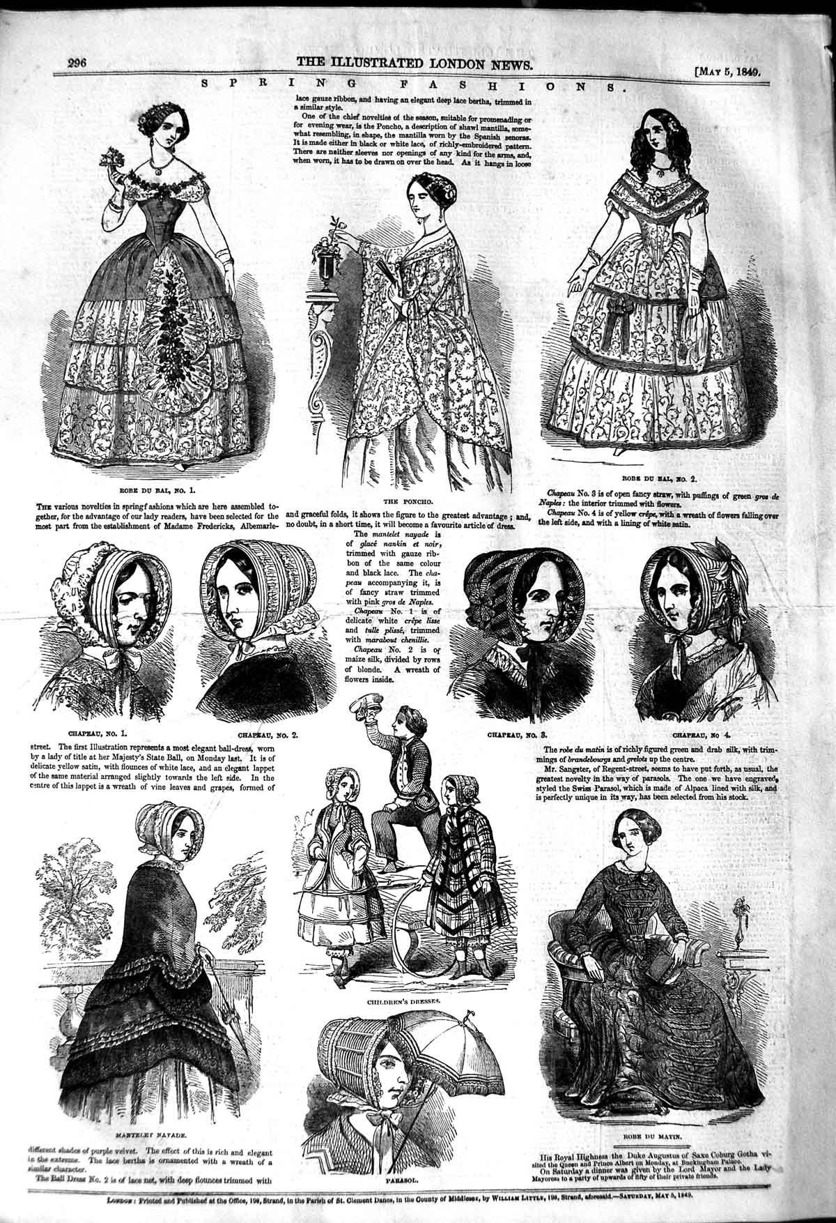 Original Old Antique Print 1849 Spring Fashion Poncho Parasol Chapeau Navade