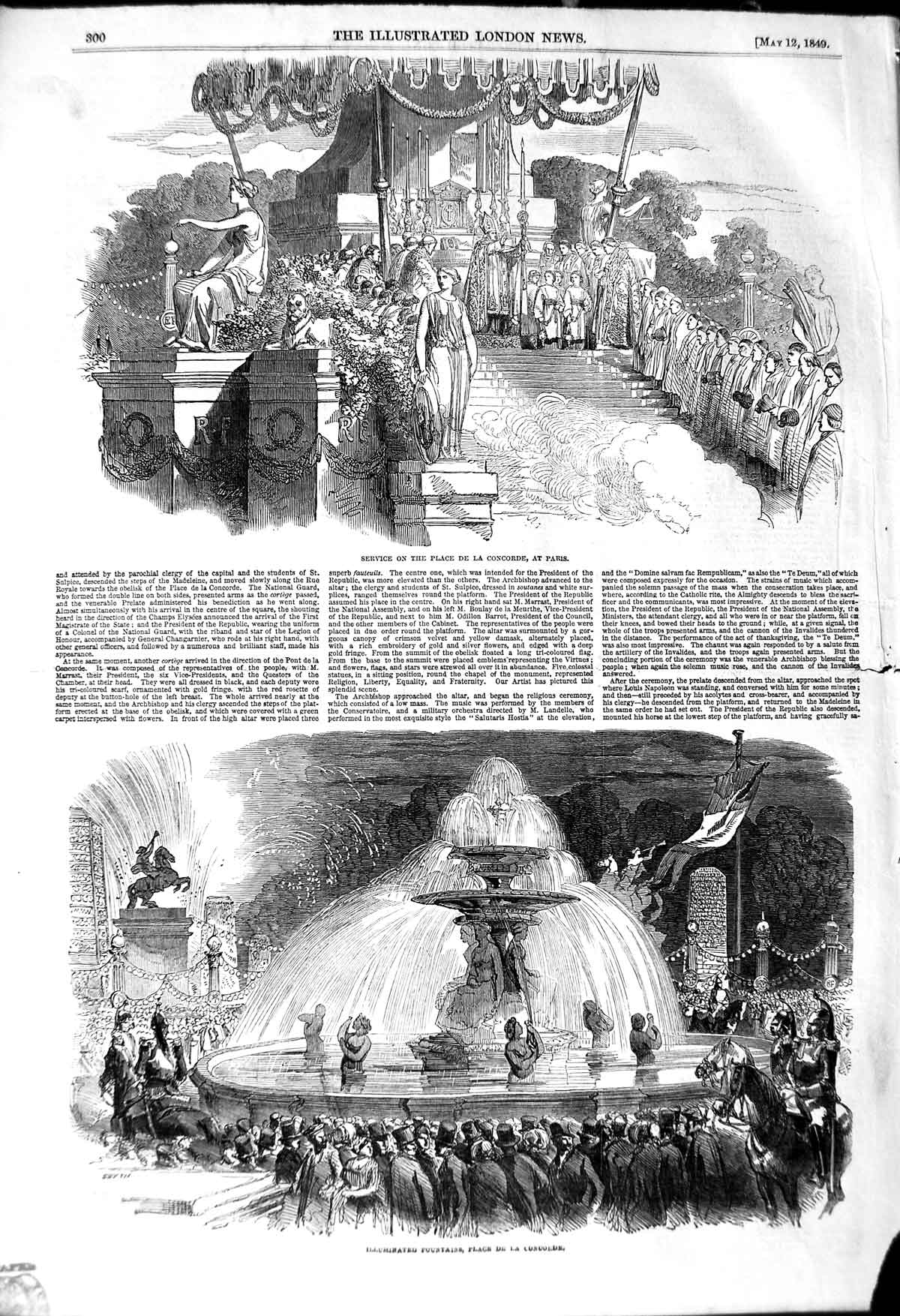 Old Antique Print 1849 Place De La Concorde Paris Illuminated Fountains 19th