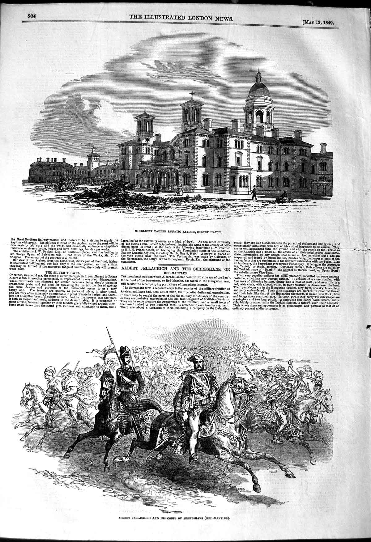 Original Old Antique Print 1849 Middlesex Pauper Asylum Colney Hatch Jel 19th