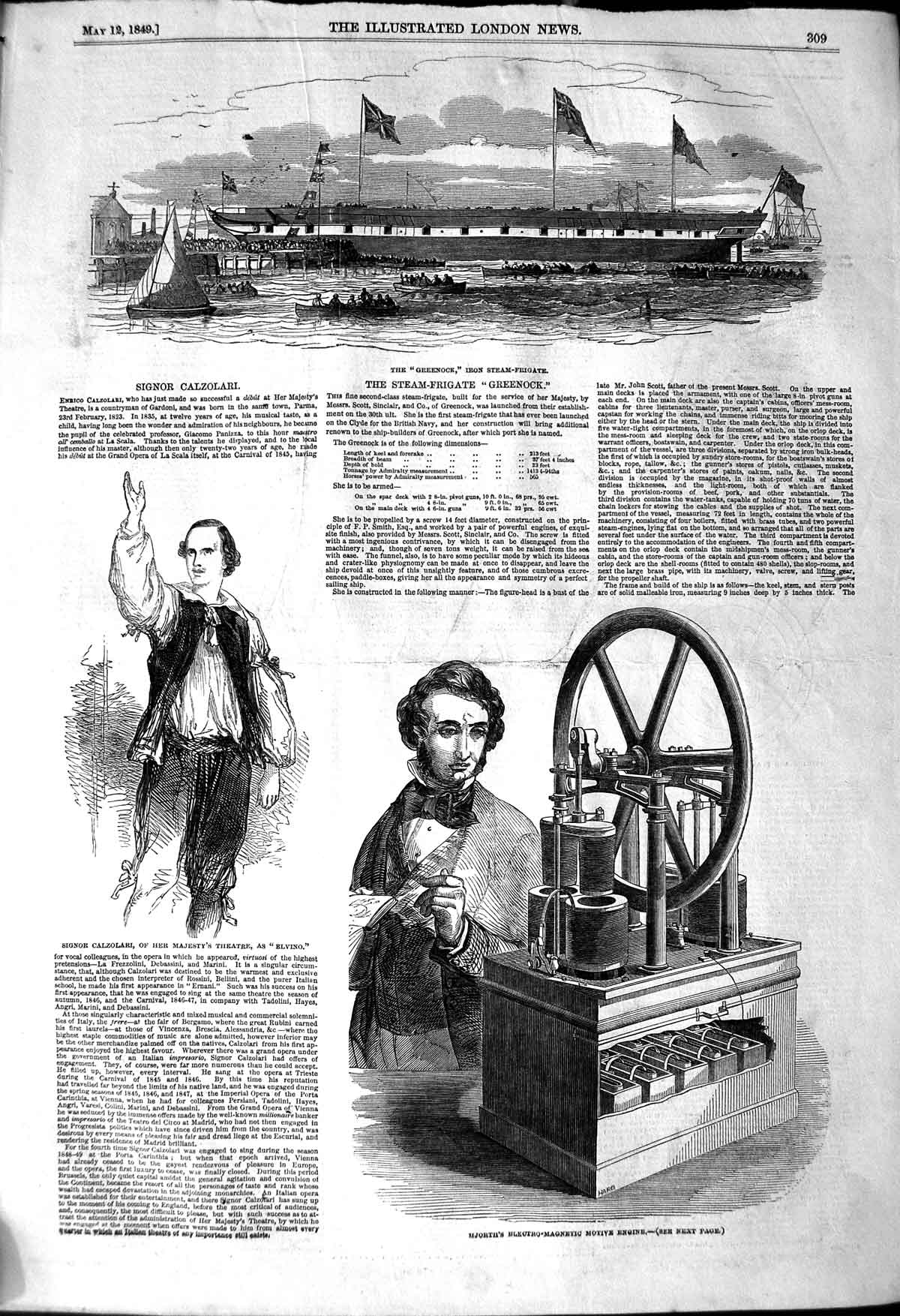 Original Old Antique Print 1849 Iron Frigate Ship Greenock Hjorth Motive Engine