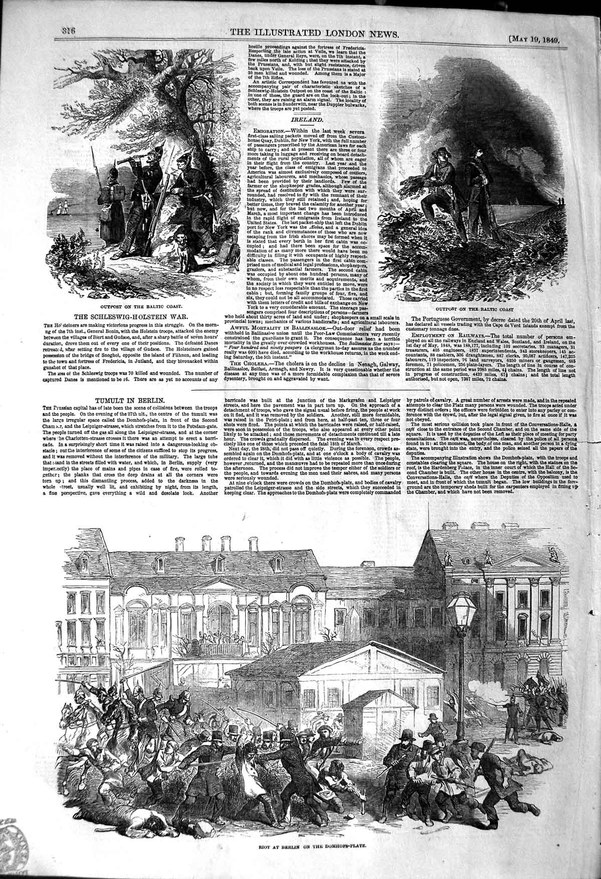 Old Antique Print 1849 Riot Berlin Domhofs-Platz Schleswig-Holstein War 19th