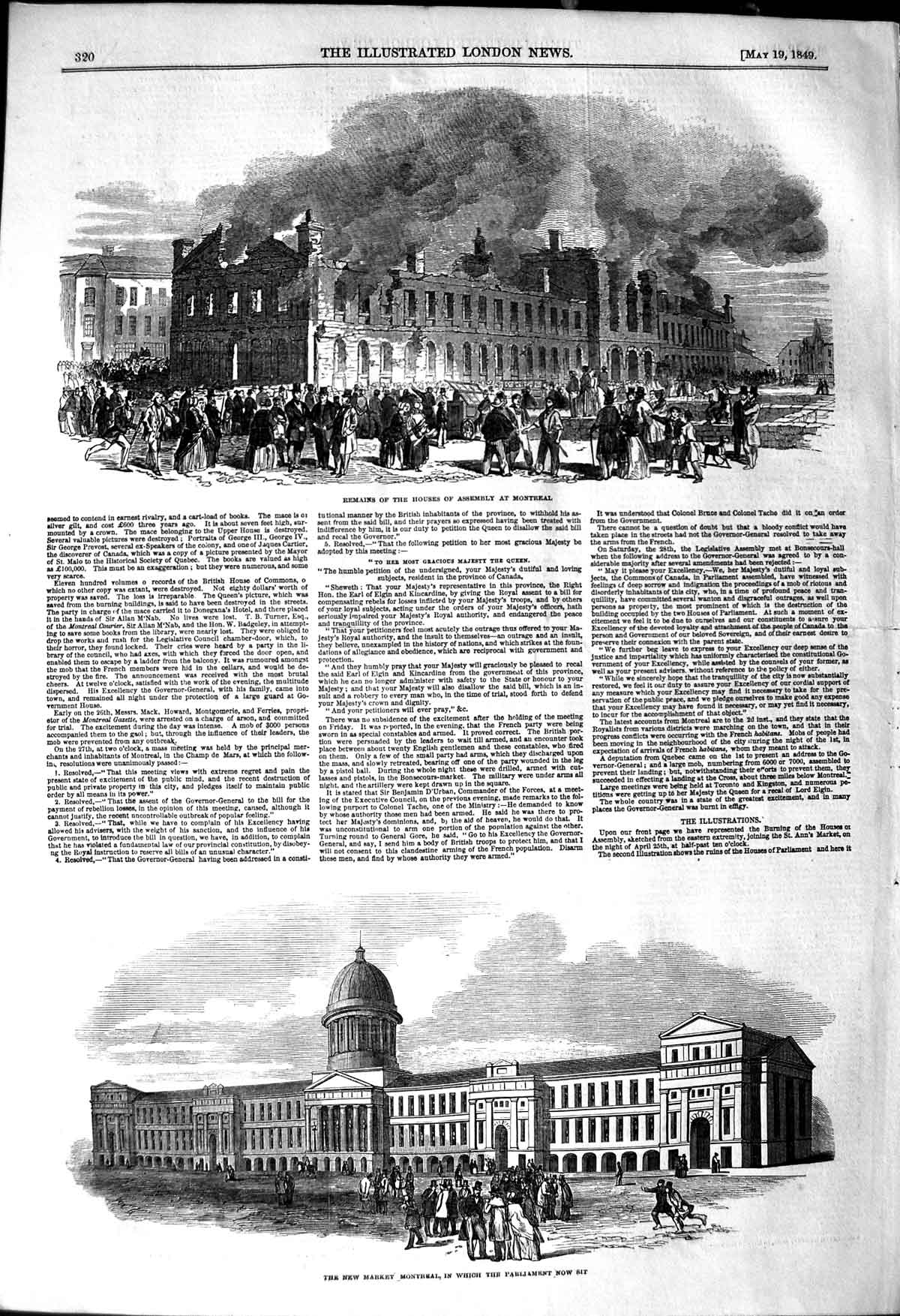 Original Old Antique Print 1849 New Market Montreal Parliament Houses Assembly
