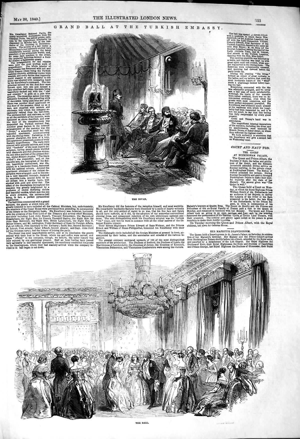 Old Antique Print 1849 Grand Ball Turkish Embassy Divan Dancing Romance 19th