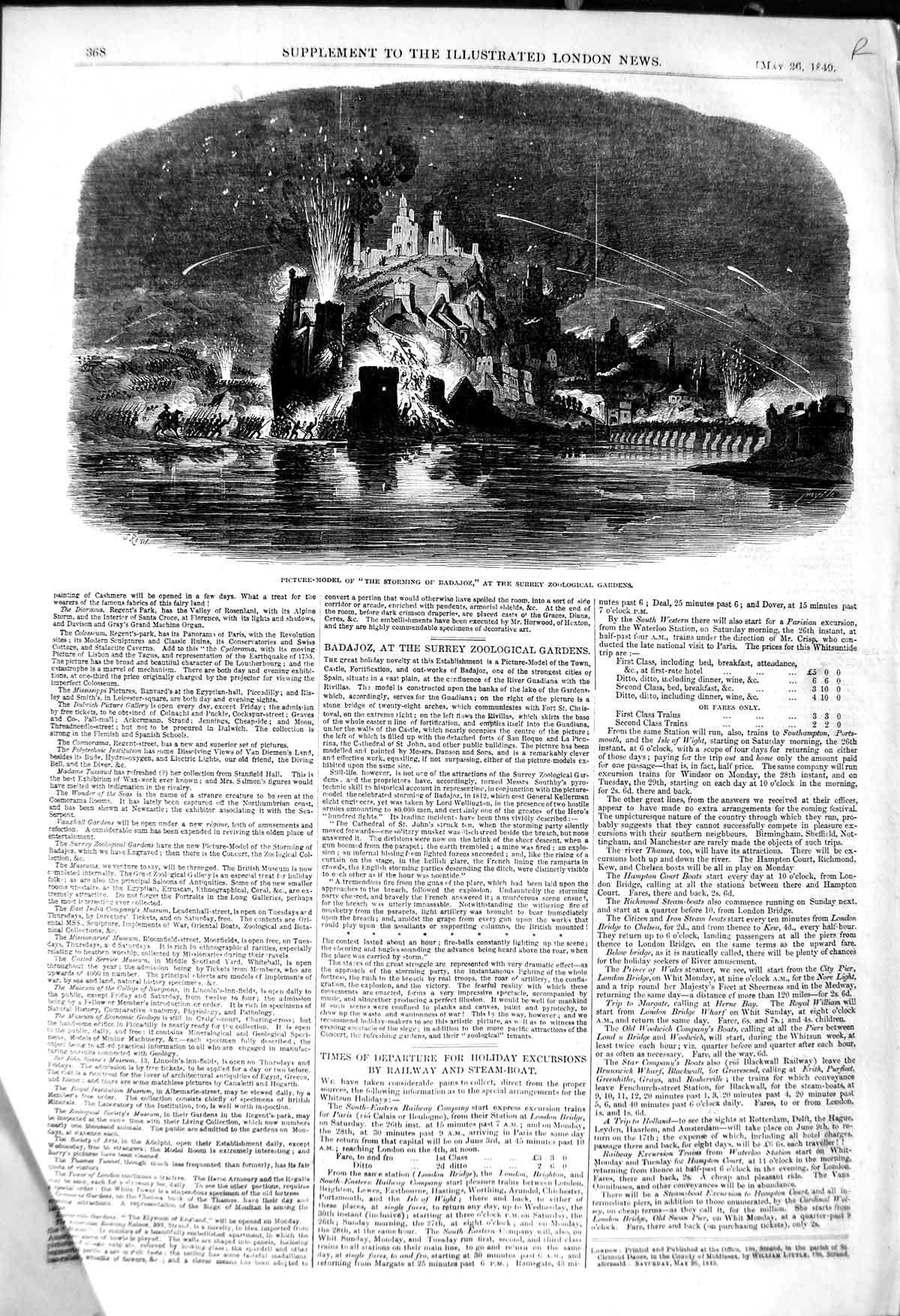 Old Antique Print 1849 Surrey Gardens Model Storming Radajoz Plesiosaurus 19th