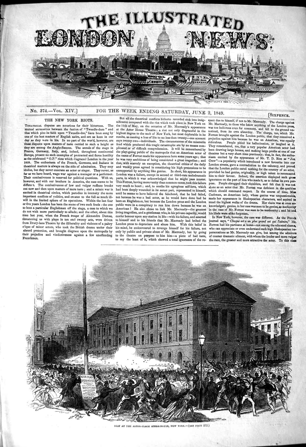 Original Old Antique Print 1849 Riot Astor Place Opera House New York Victorian