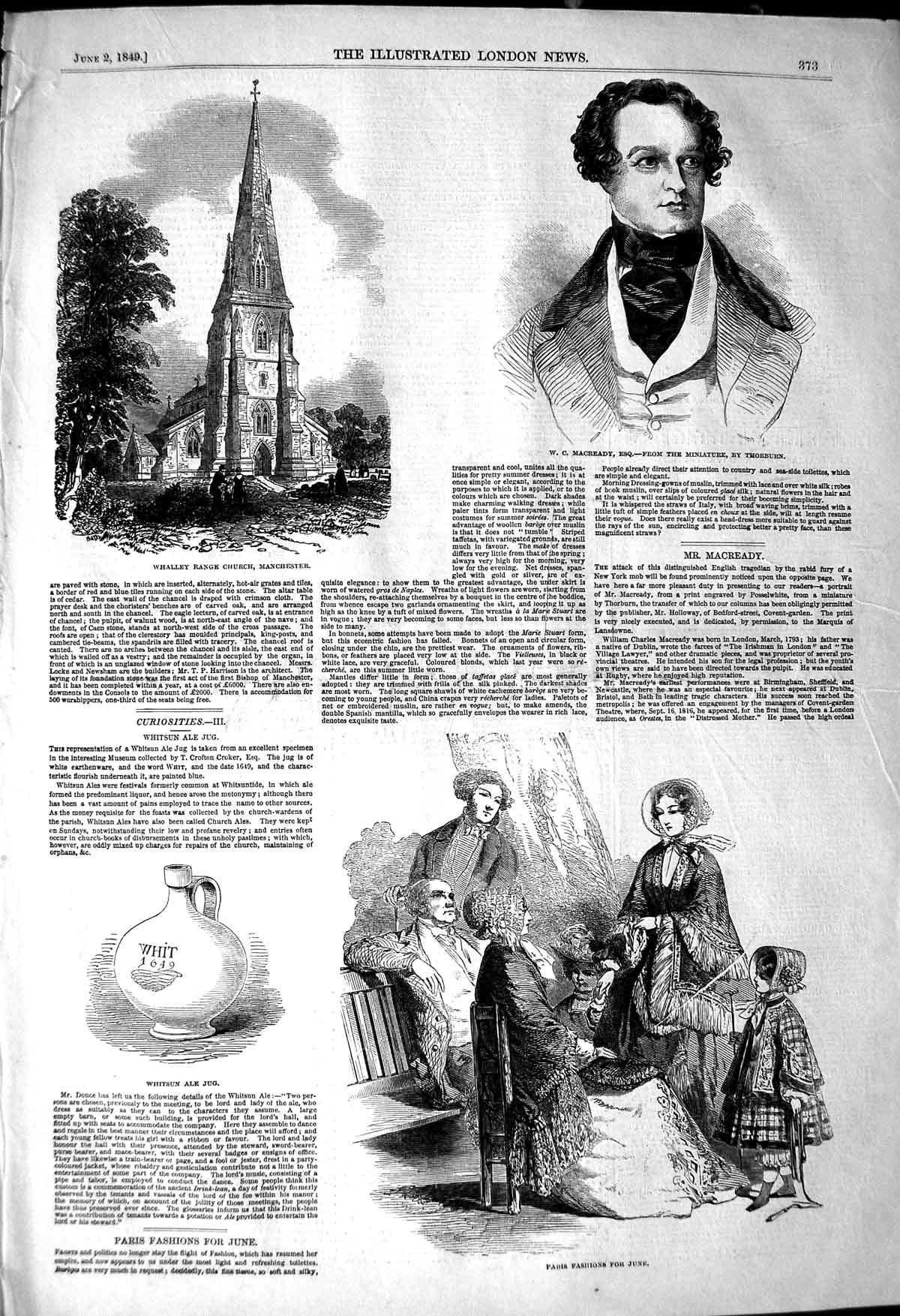 Original Old Antique Print 1849 Whalley Church Manchester Macready Whitsun Jug