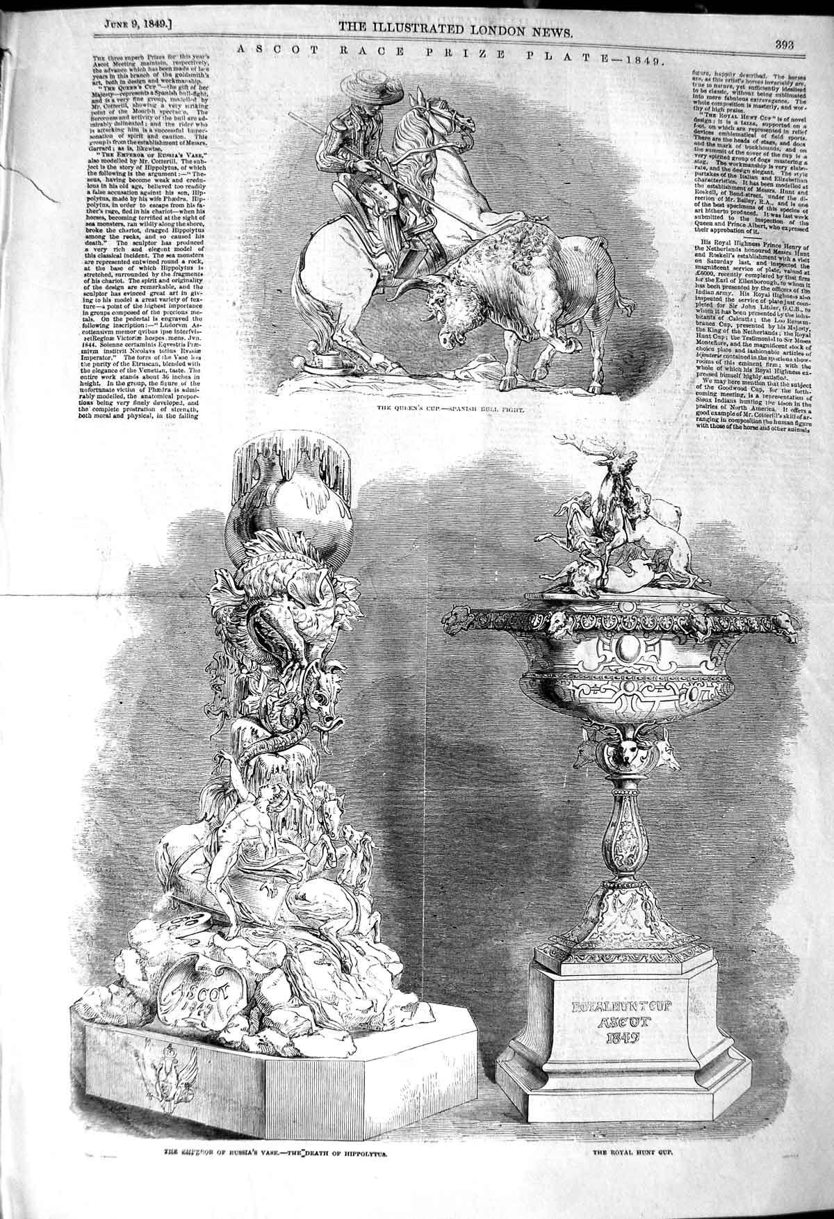 Old Antique Print 1849 Ascot Horse Race Prize Plate Queen'S Cup Hunt Vase 19th